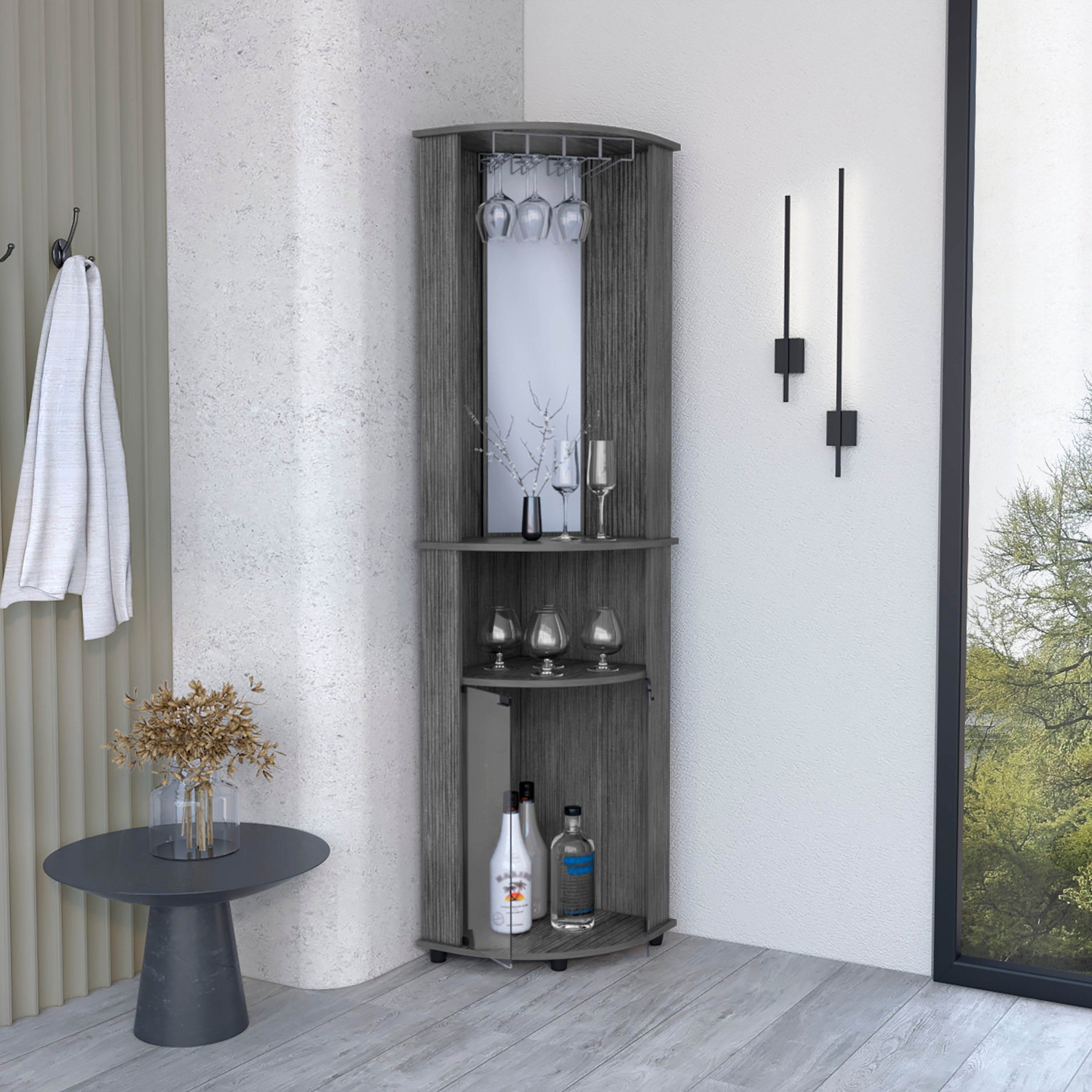 Nashville Corner Bar Cabinet Unit with Wine Glass Rack and Lower Cabinet, Smokey Oak - Luciddepo