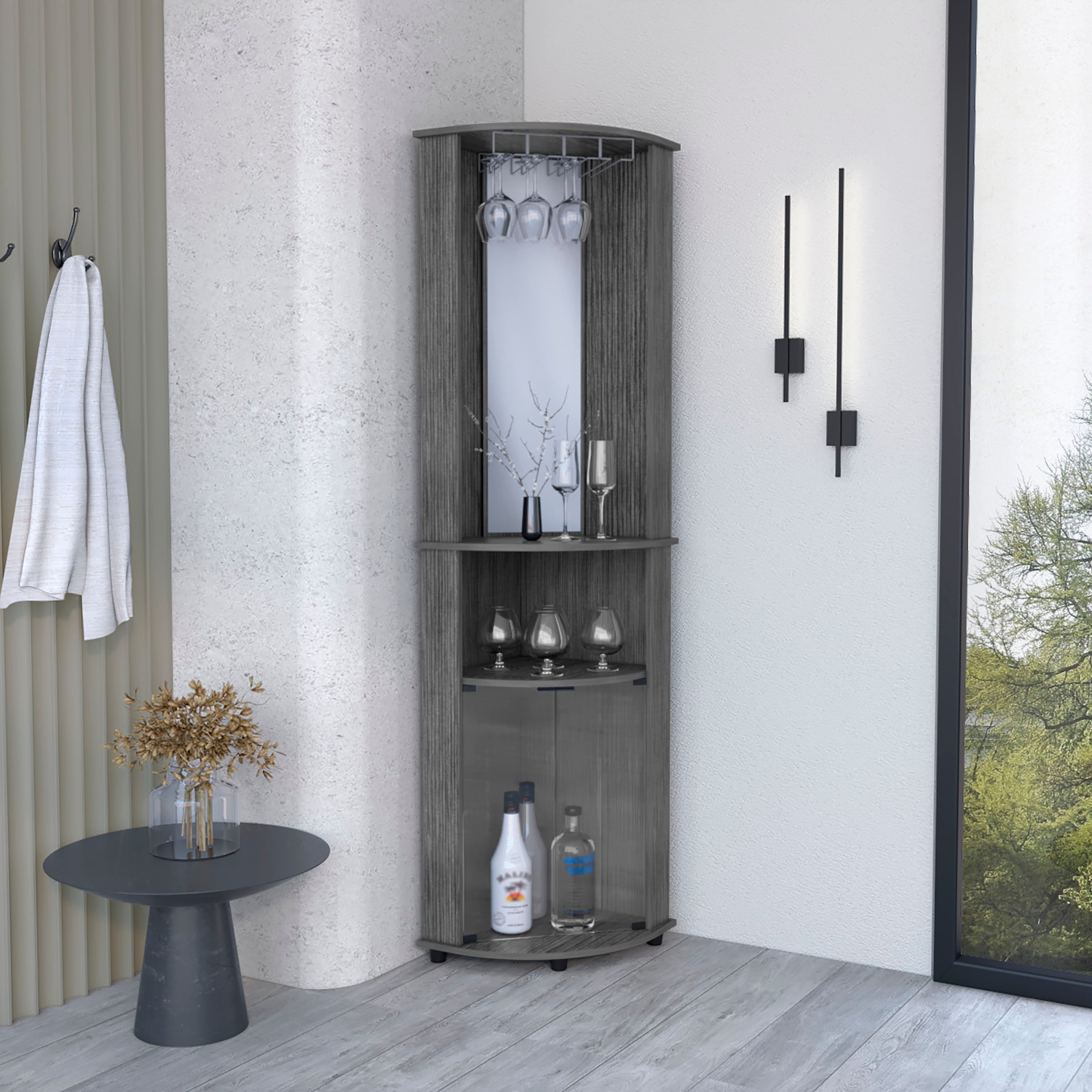 Nashville Corner Bar Cabinet Unit with Wine Glass Rack and Lower Cabinet, Smokey Oak - Luciddepo