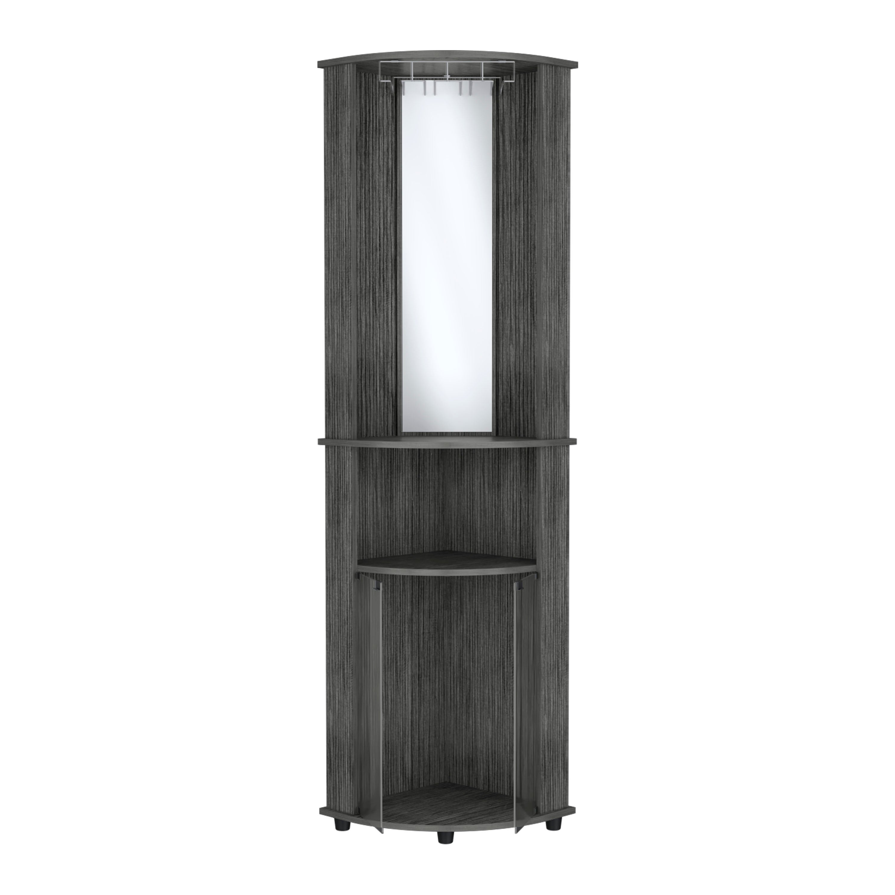 Nashville Corner Bar Cabinet Unit with Wine Glass Rack and Lower Cabinet, Smokey Oak - Luciddepo