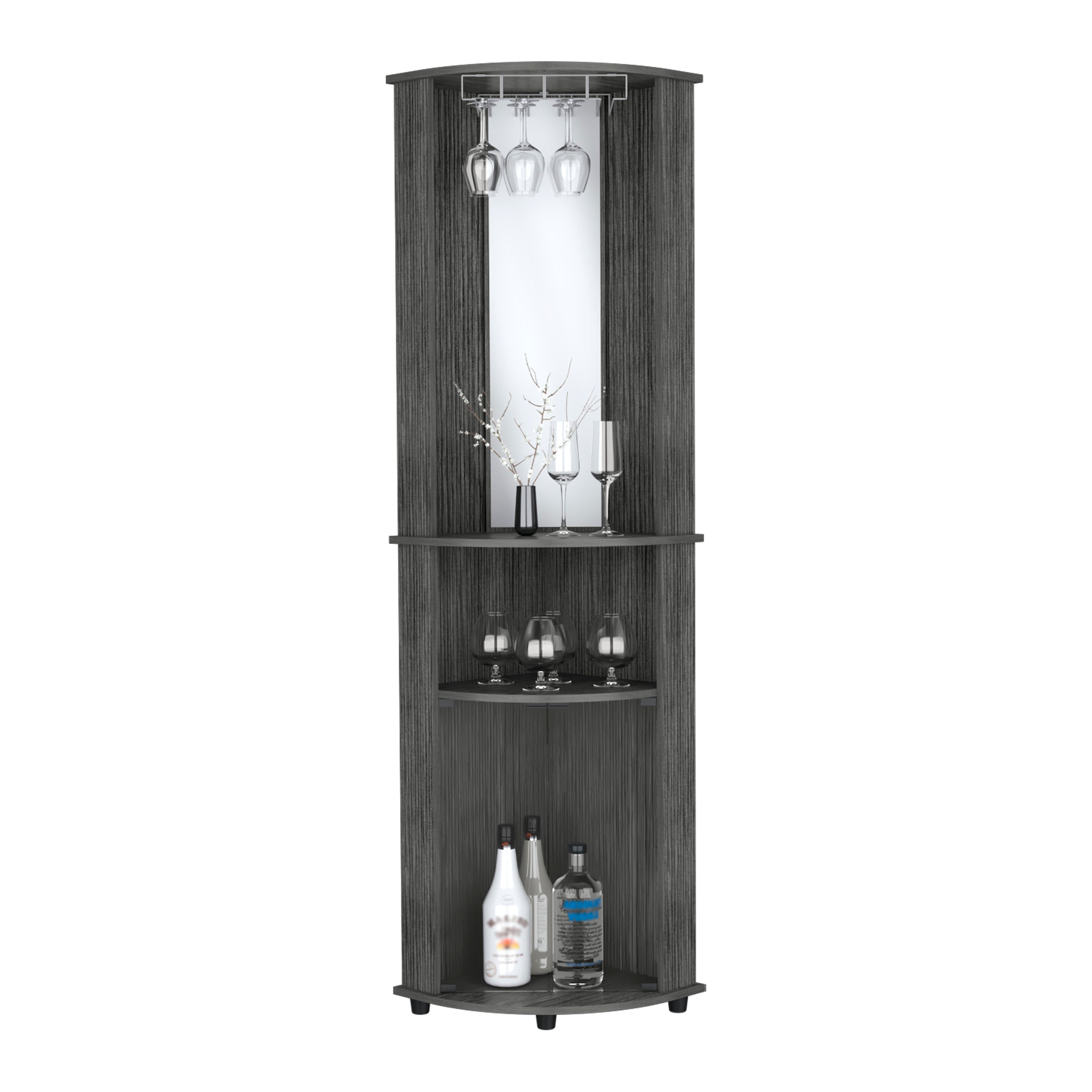 Nashville Corner Bar Cabinet Unit with Wine Glass Rack and Lower Cabinet, Smokey Oak - Luciddepo