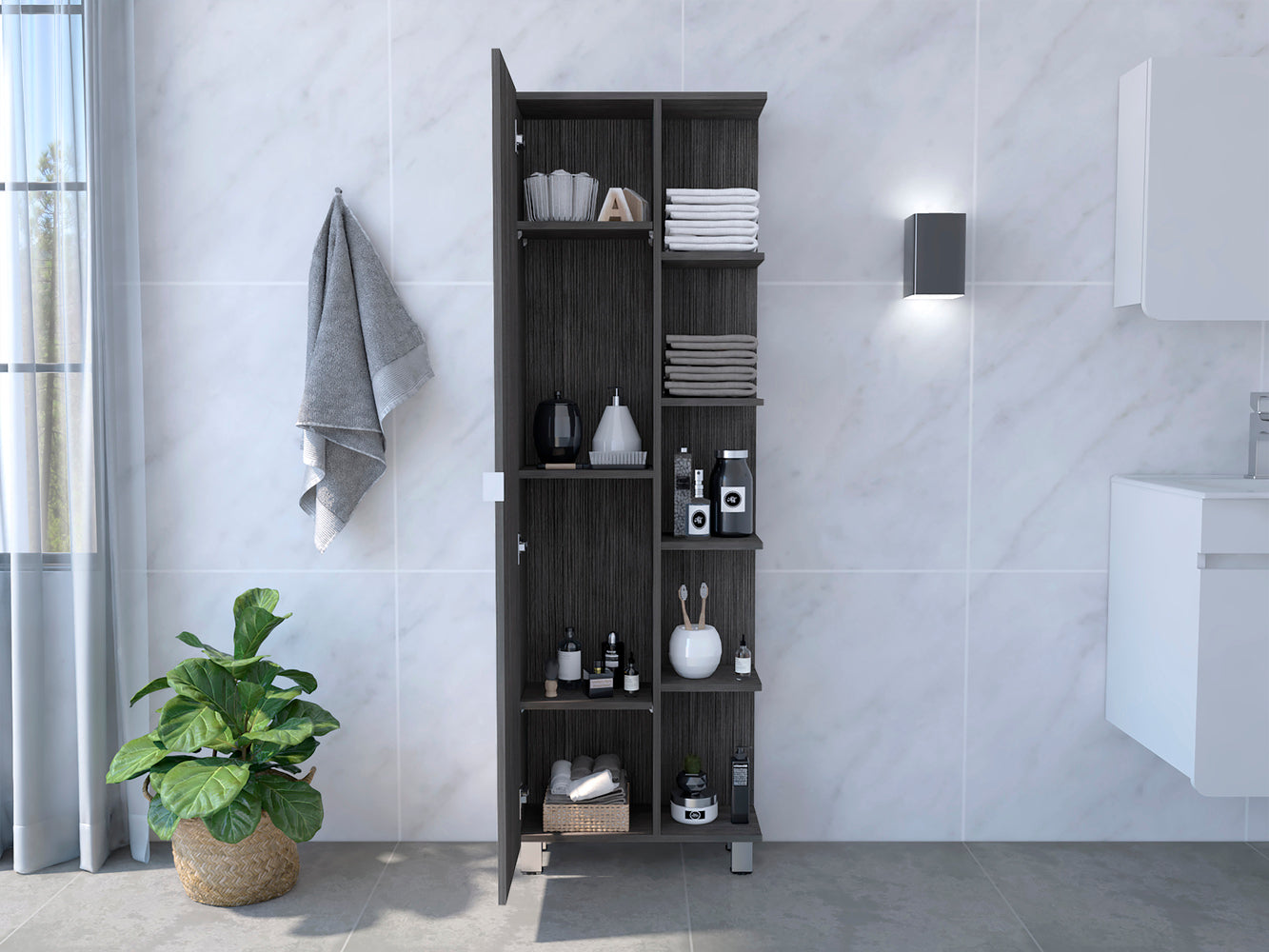 Venus Linen Single Door Cabinet, Five External Shelves, Four Interior Shelves, Smokey Oak - Luciddepo