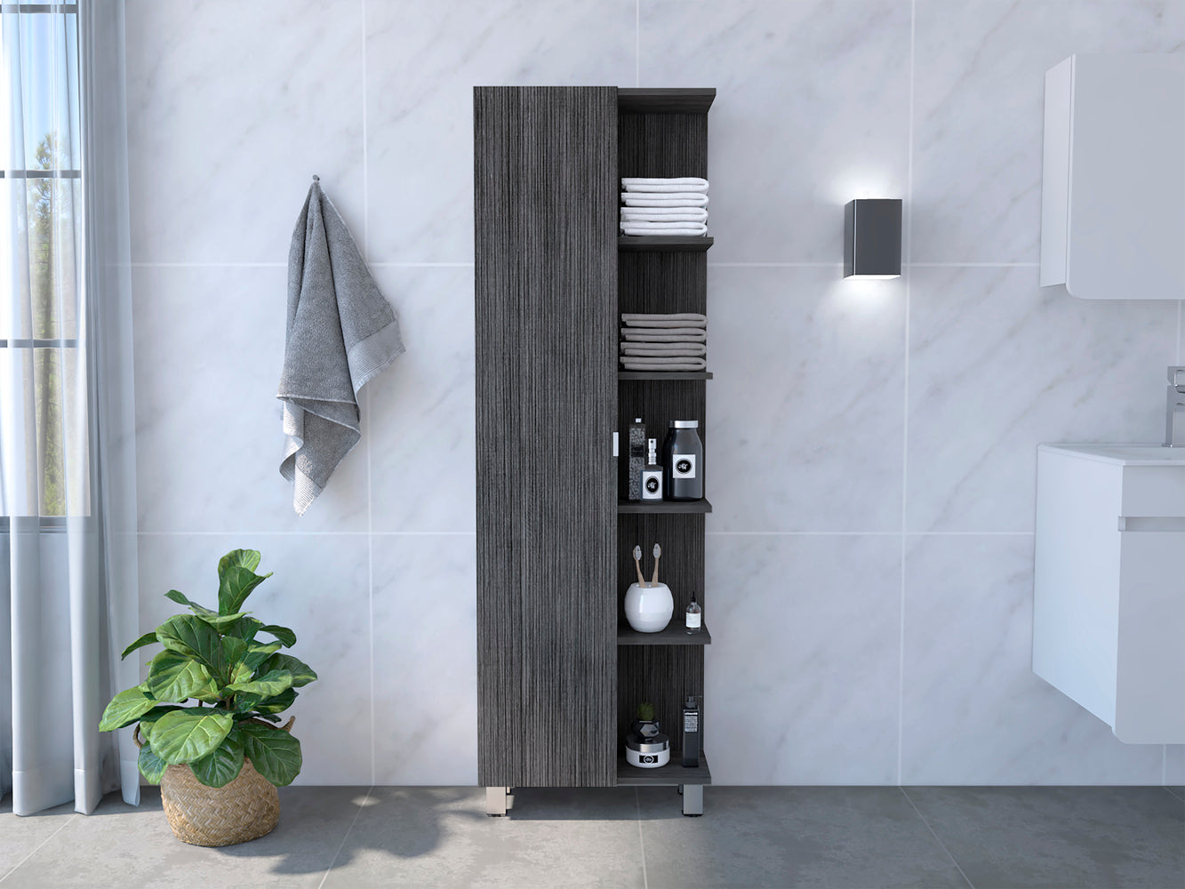 Venus Linen Single Door Cabinet, Five External Shelves, Four Interior Shelves, Smokey Oak - Luciddepo