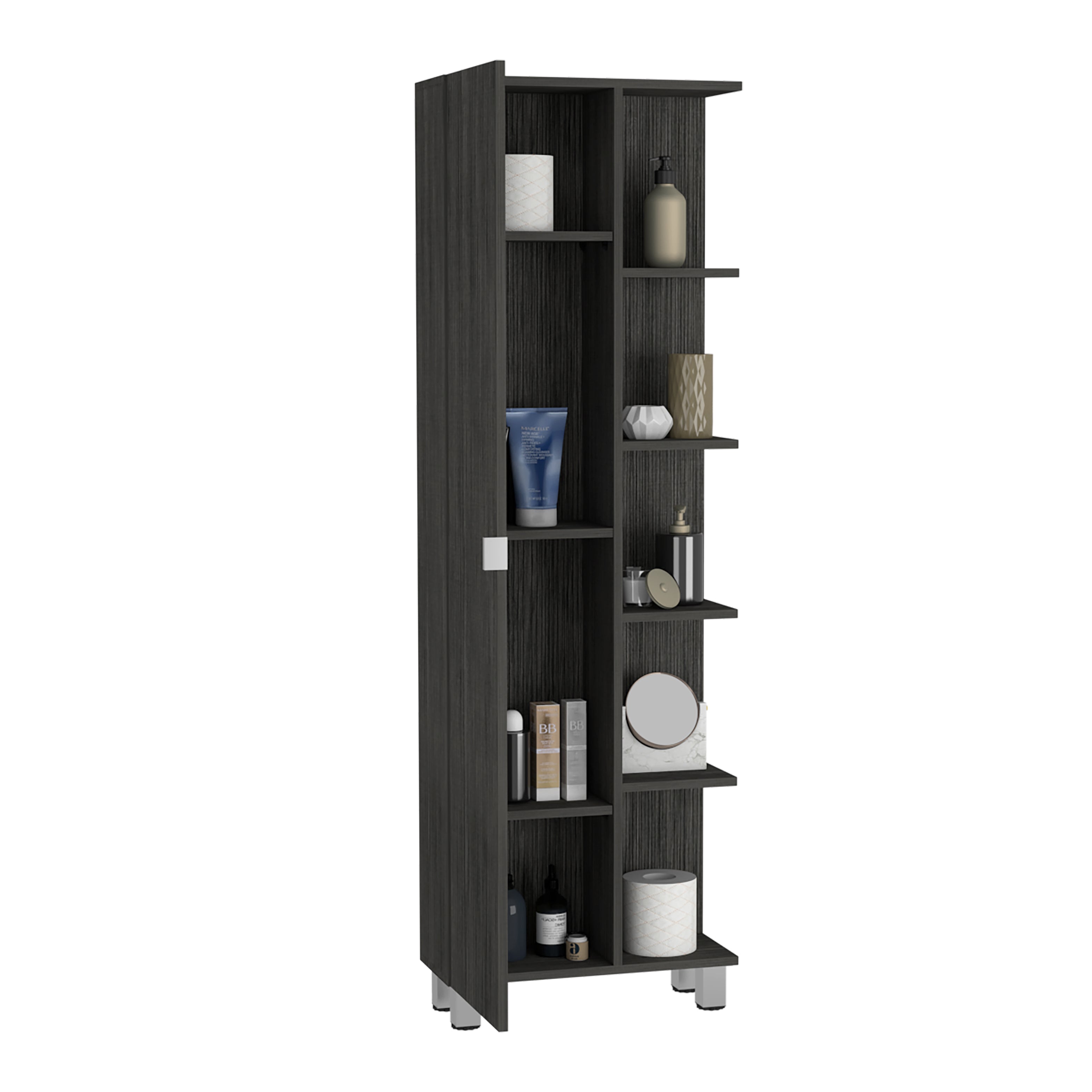 Venus Linen Single Door Cabinet, Five External Shelves, Four Interior Shelves, Smokey Oak - Luciddepo