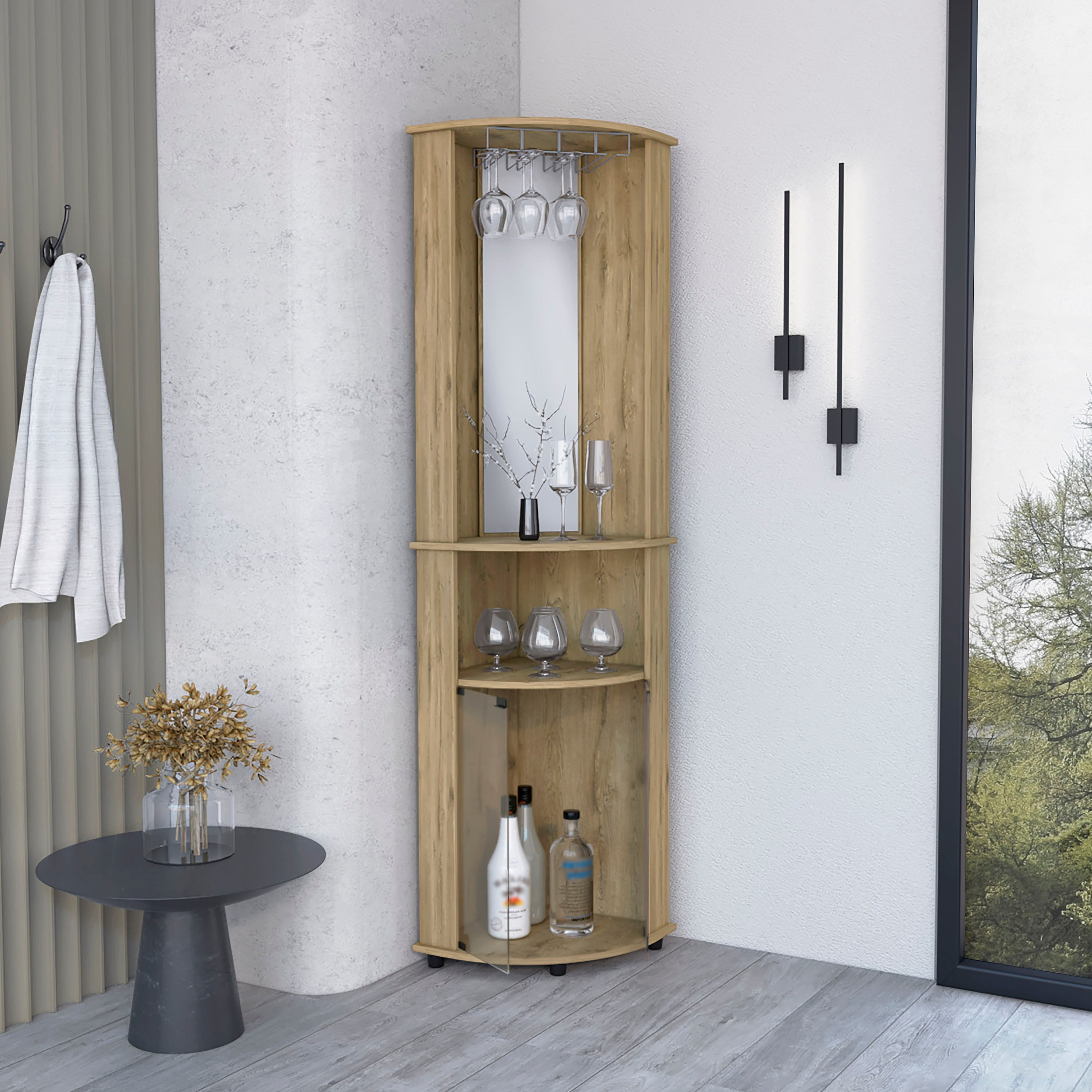 Nashville Corner Bar Cabinet Unit with Wine Glass Rack and Lower Cabinet, Macadamia - Luciddepo