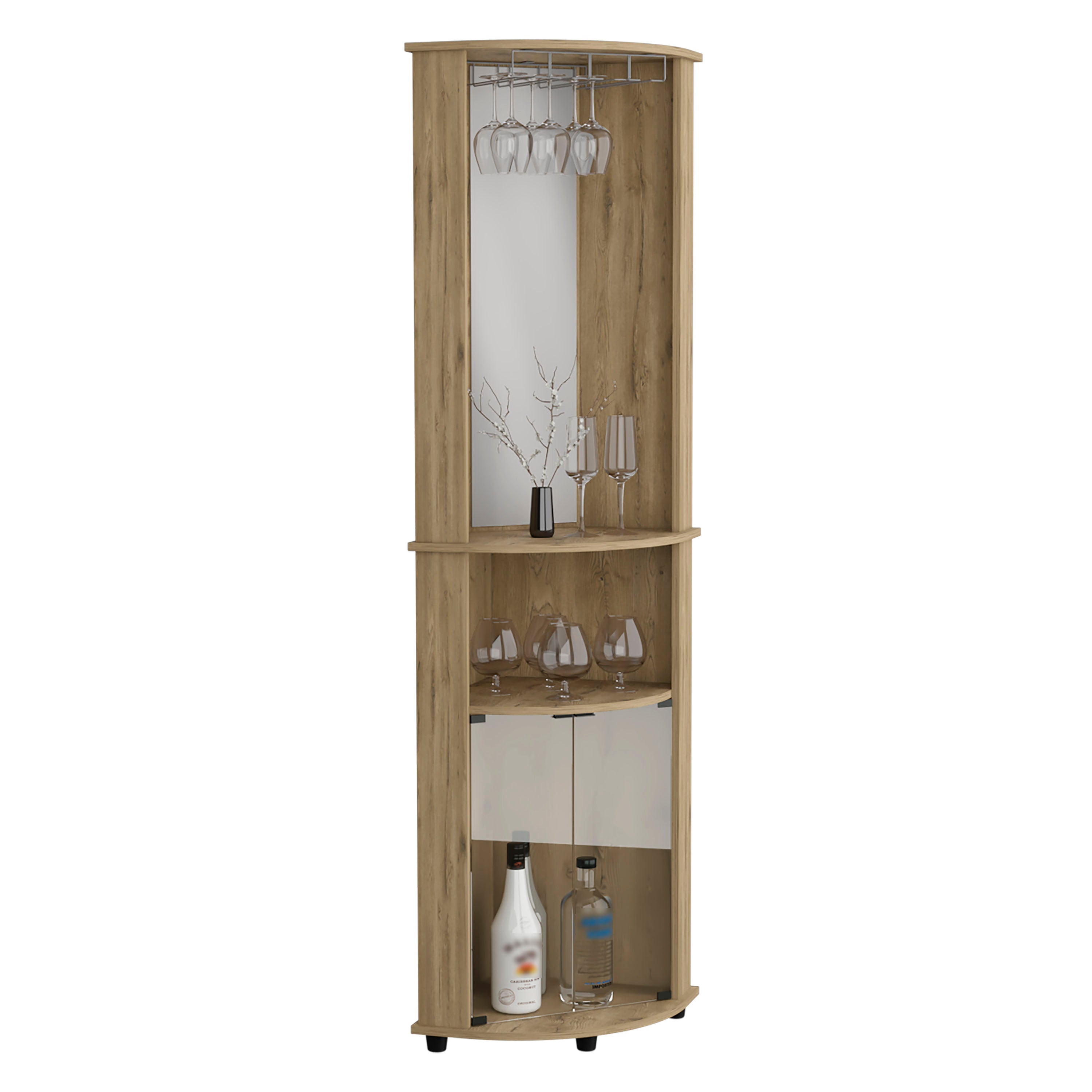 Nashville Corner Bar Cabinet Unit with Wine Glass Rack and Lower Cabinet, Macadamia - Luciddepo