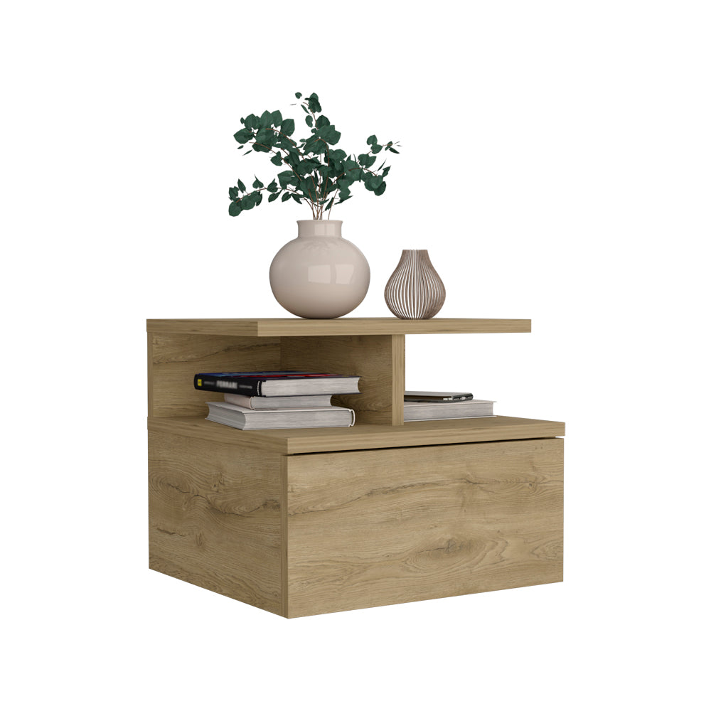 Seward Floating Nightstand, Wall Mounted with Single Drawer and 2-Tier Shelf, Macadamia - Luciddepo