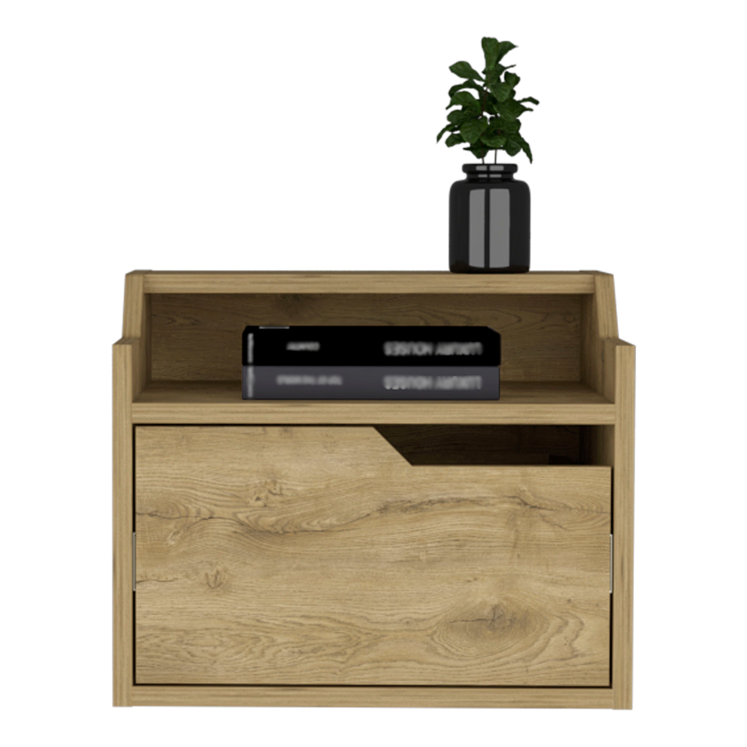 Winchester Floating Nightstand, Modern Dual-Tier Design with Spacious Single Drawer Storage, Macadamia - Luciddepo