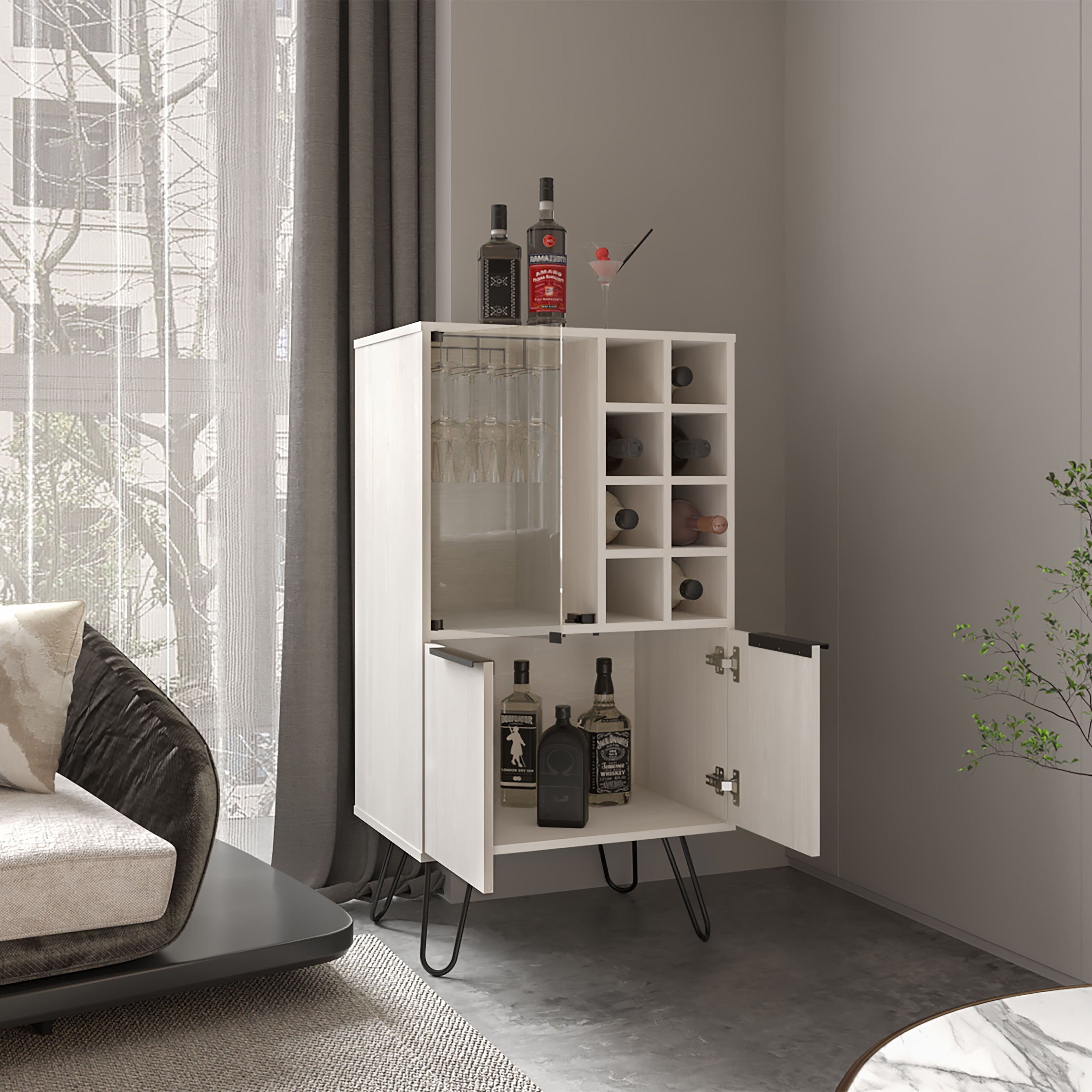 Lutak Bar Cabinet with 2 Doors, 9 Shelves, and 1 Glass Panel, White Washed Oak - Luciddepo