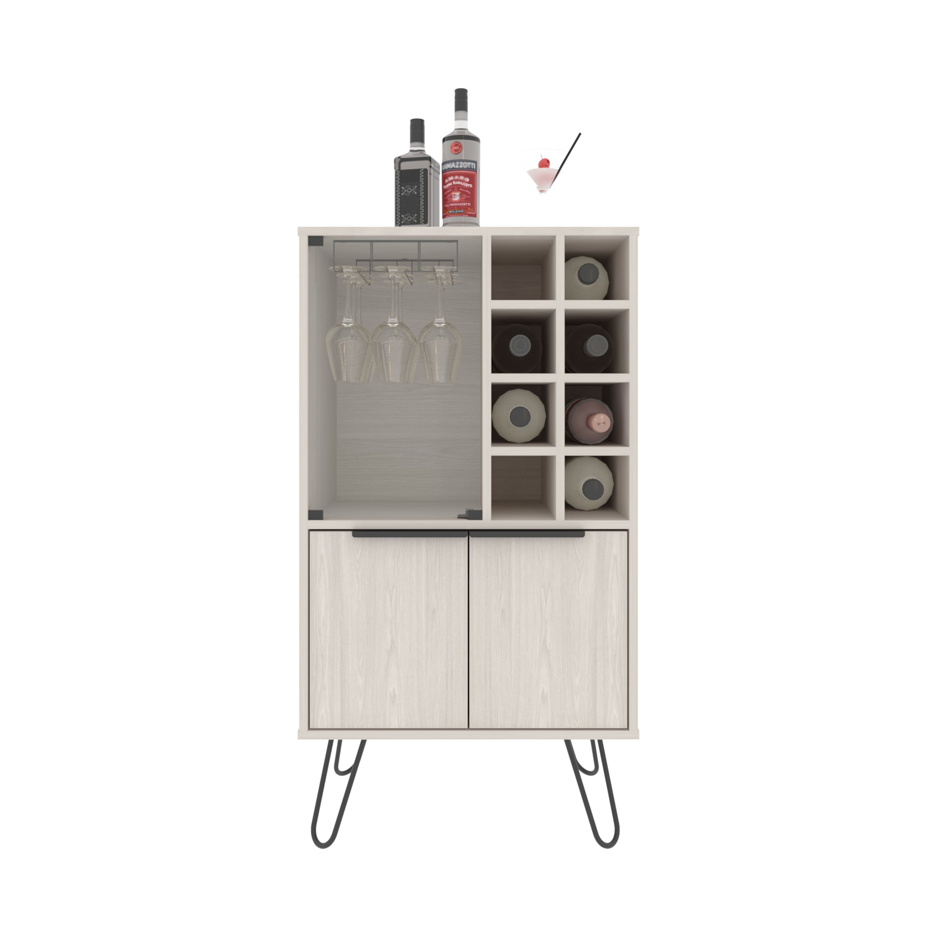 Lutak Bar Cabinet with 2 Doors, 9 Shelves, and 1 Glass Panel, White Washed Oak - Luciddepo