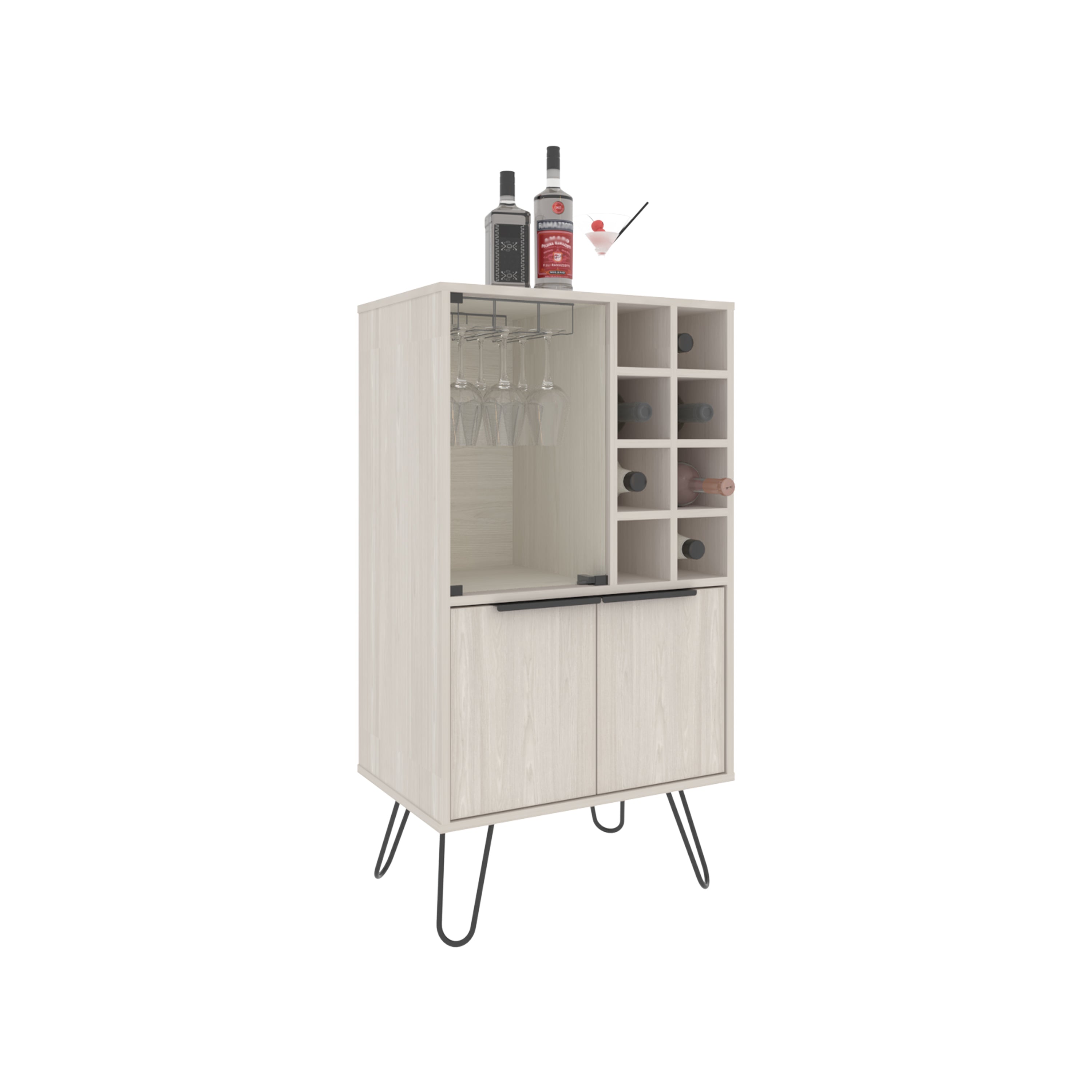 Lutak Bar Cabinet with 2 Doors, 9 Shelves, and 1 Glass Panel, White Washed Oak - Luciddepo