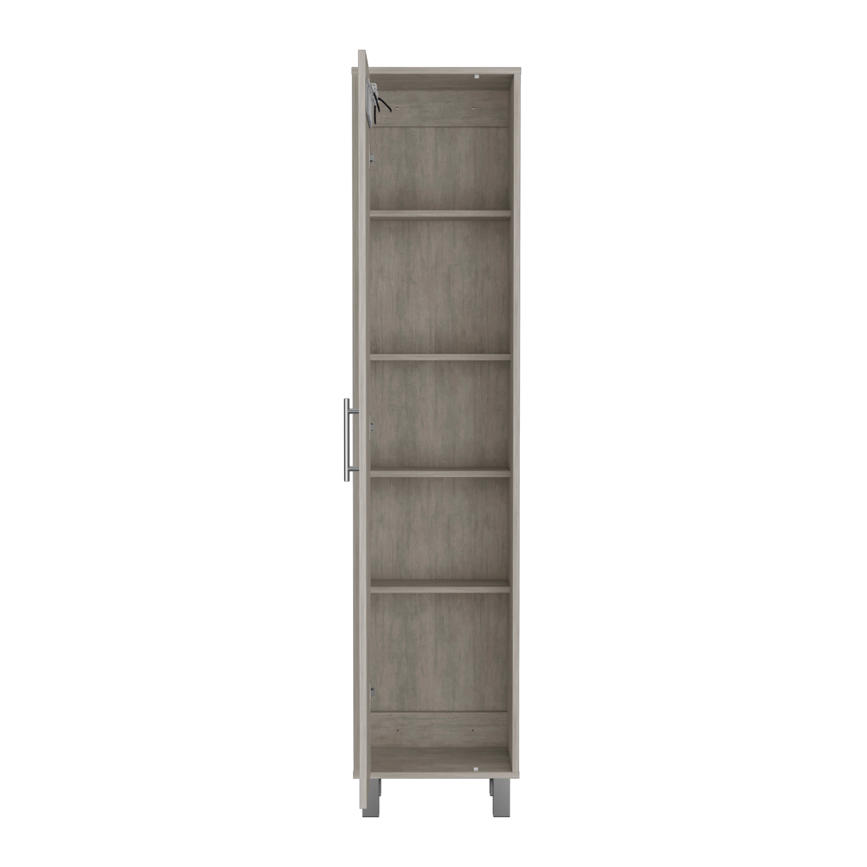 Dryden Tall Narrow Storage Cabinet with 5-Tier Shelf and Broom Hangers, Concrete Gray - Luciddepo