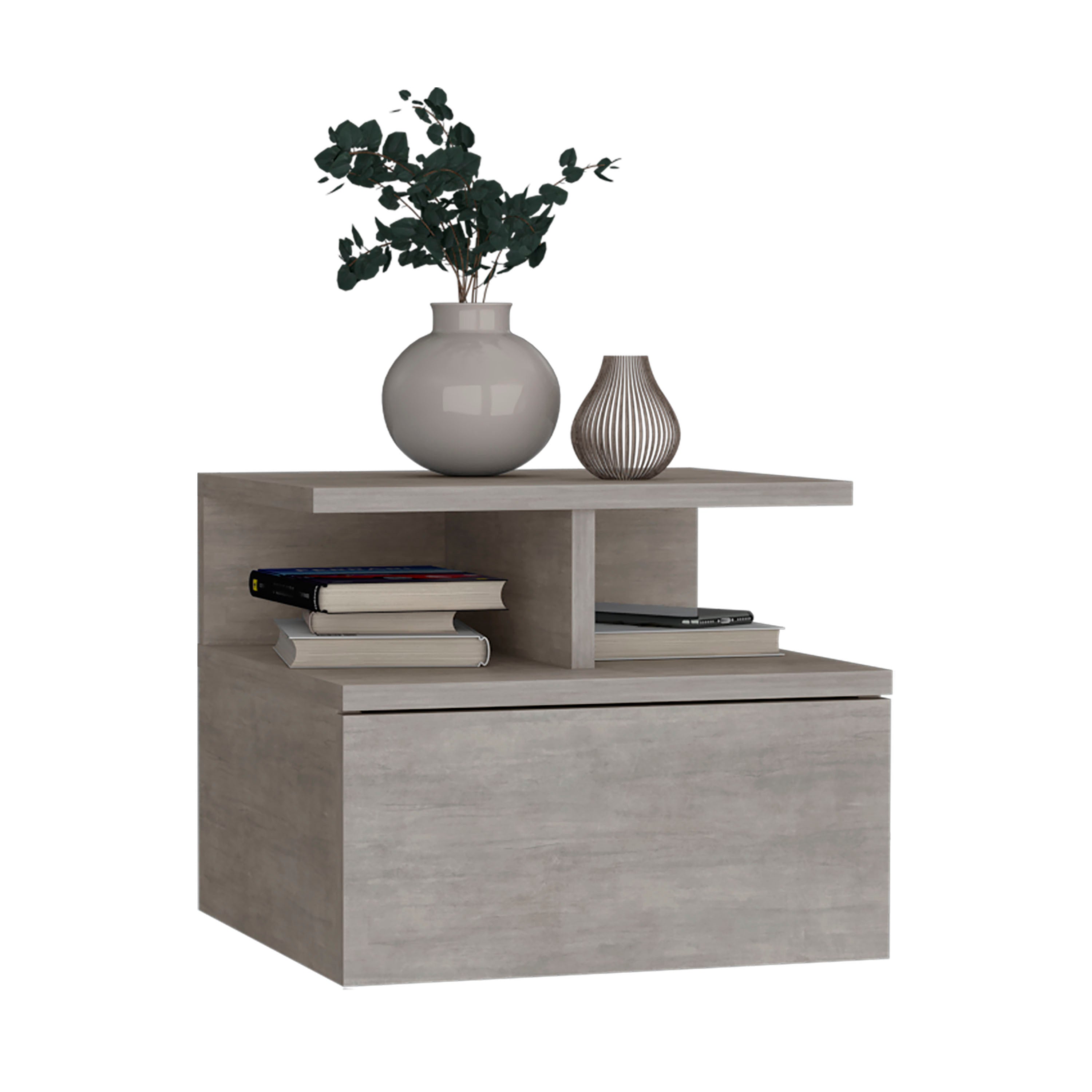 Seward Floating Nightstand, Wall Mounted with Single Drawer and 2-Tier Shelf, Concrete Gray - Luciddepo