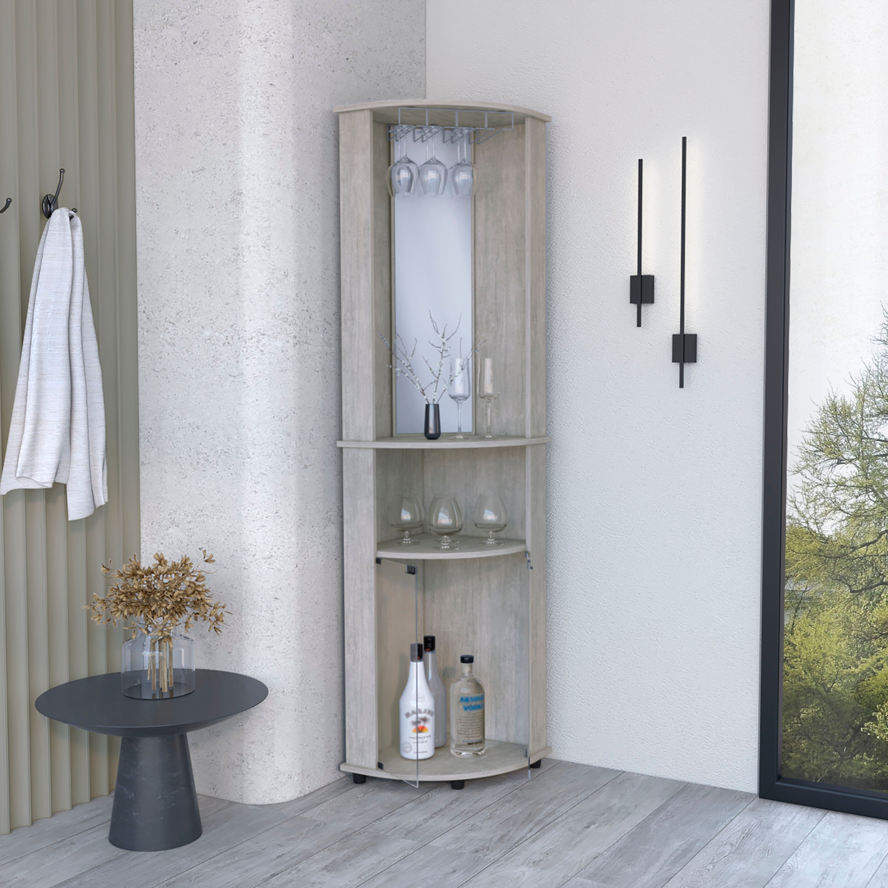 Nashville Corner Bar Cabinet Unit with Wine Glass Rack and Lower Cabinet, Concrete Gray - Luciddepo
