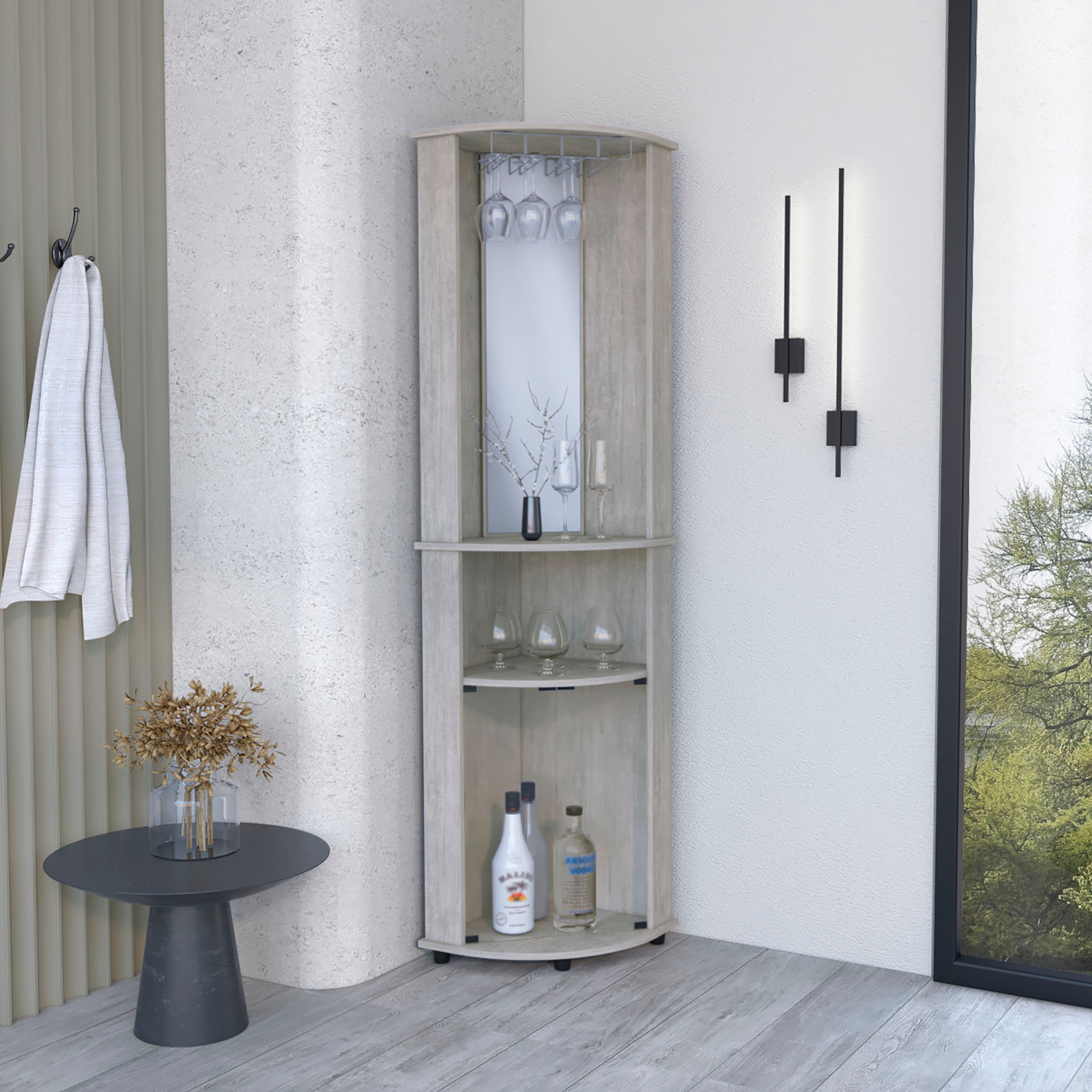 Nashville Corner Bar Cabinet Unit with Wine Glass Rack and Lower Cabinet, Concrete Gray - Luciddepo