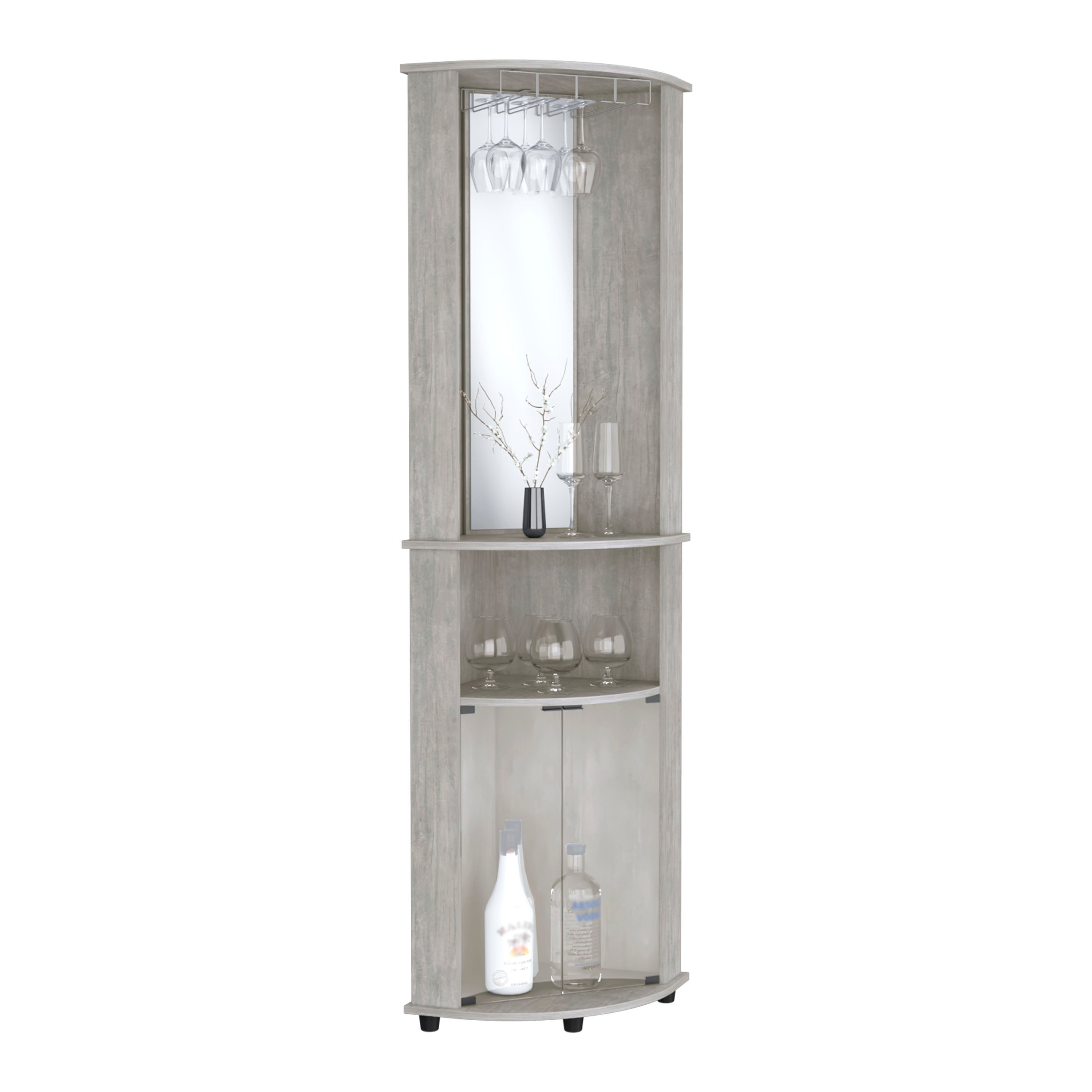 Nashville Corner Bar Cabinet Unit with Wine Glass Rack and Lower Cabinet, Concrete Gray - Luciddepo