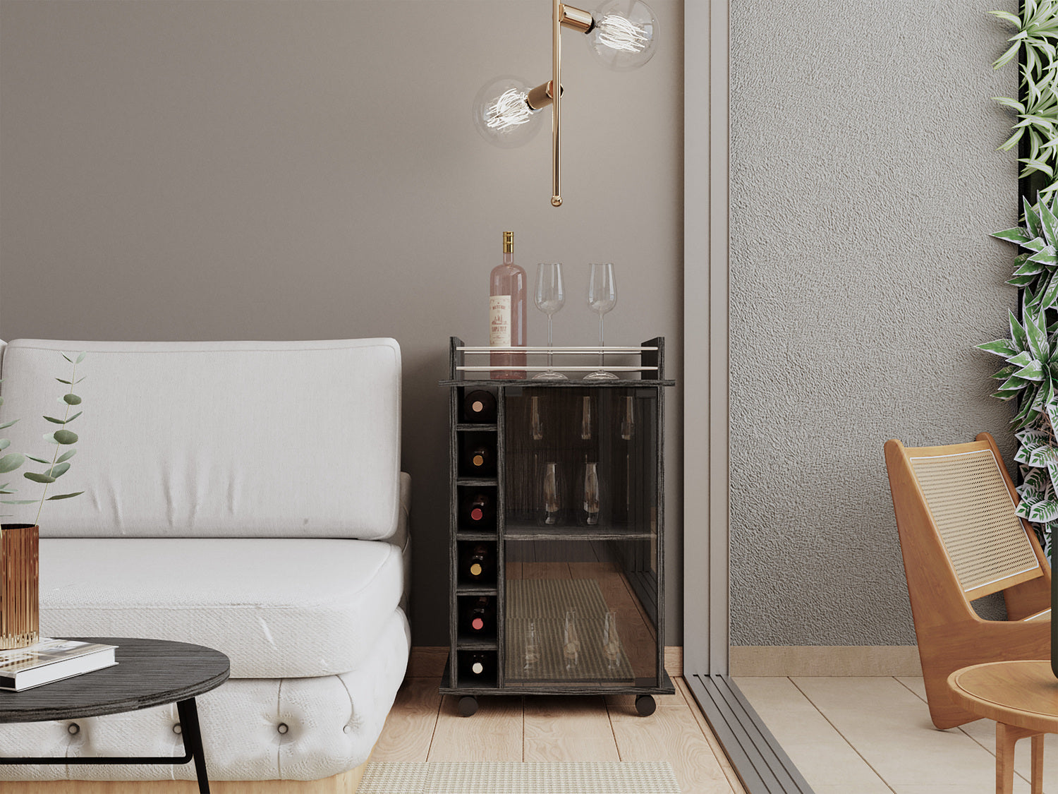 Huali Bar Cart, Six Built-in Wine Rack, Glass Door, Four Casters, Two Shelves, Smokey Oak - Luciddepo