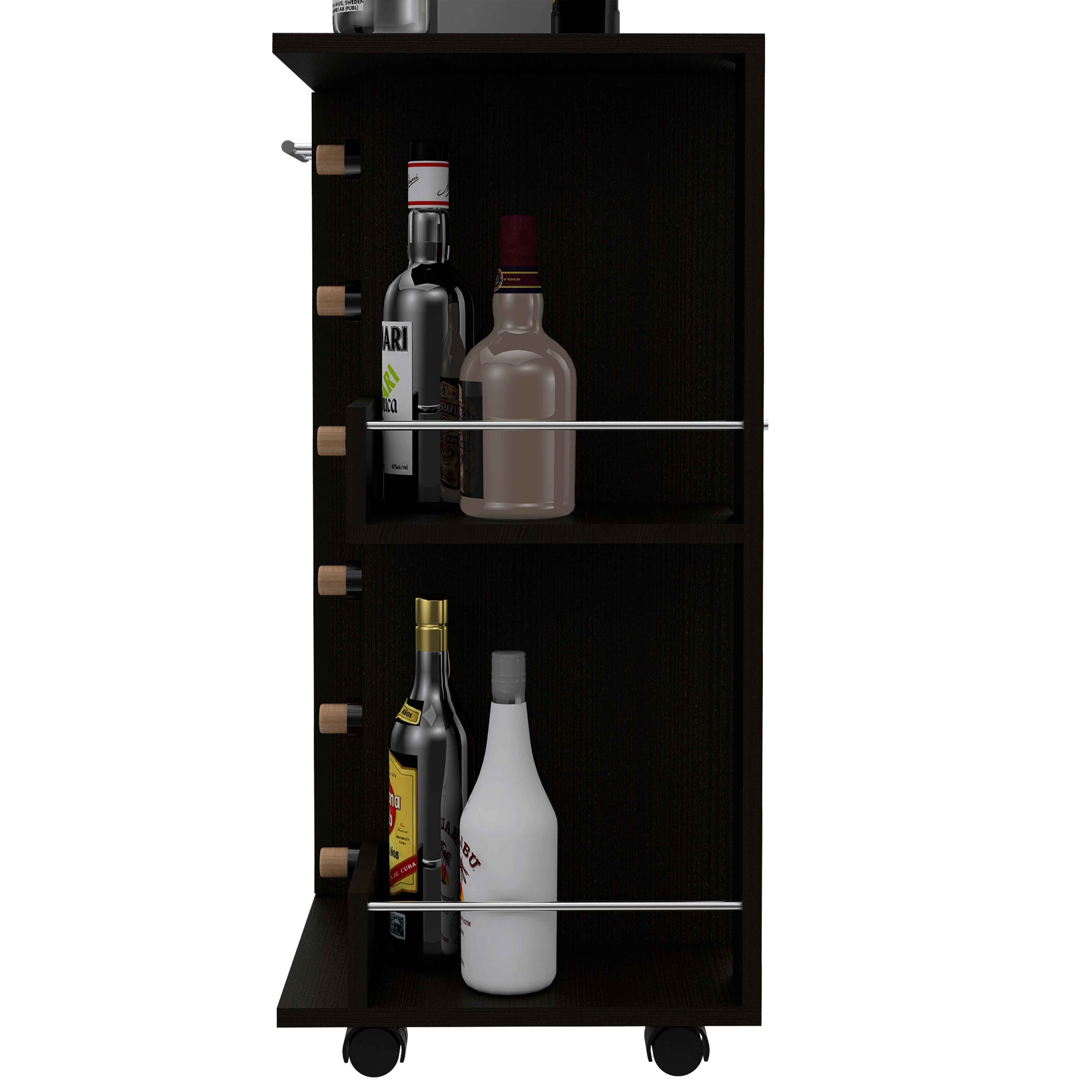 Magda Bar Cart, Four Casters, Six Built-in Wine Rack, Single Door Cabinet, Two External Shelves, Black