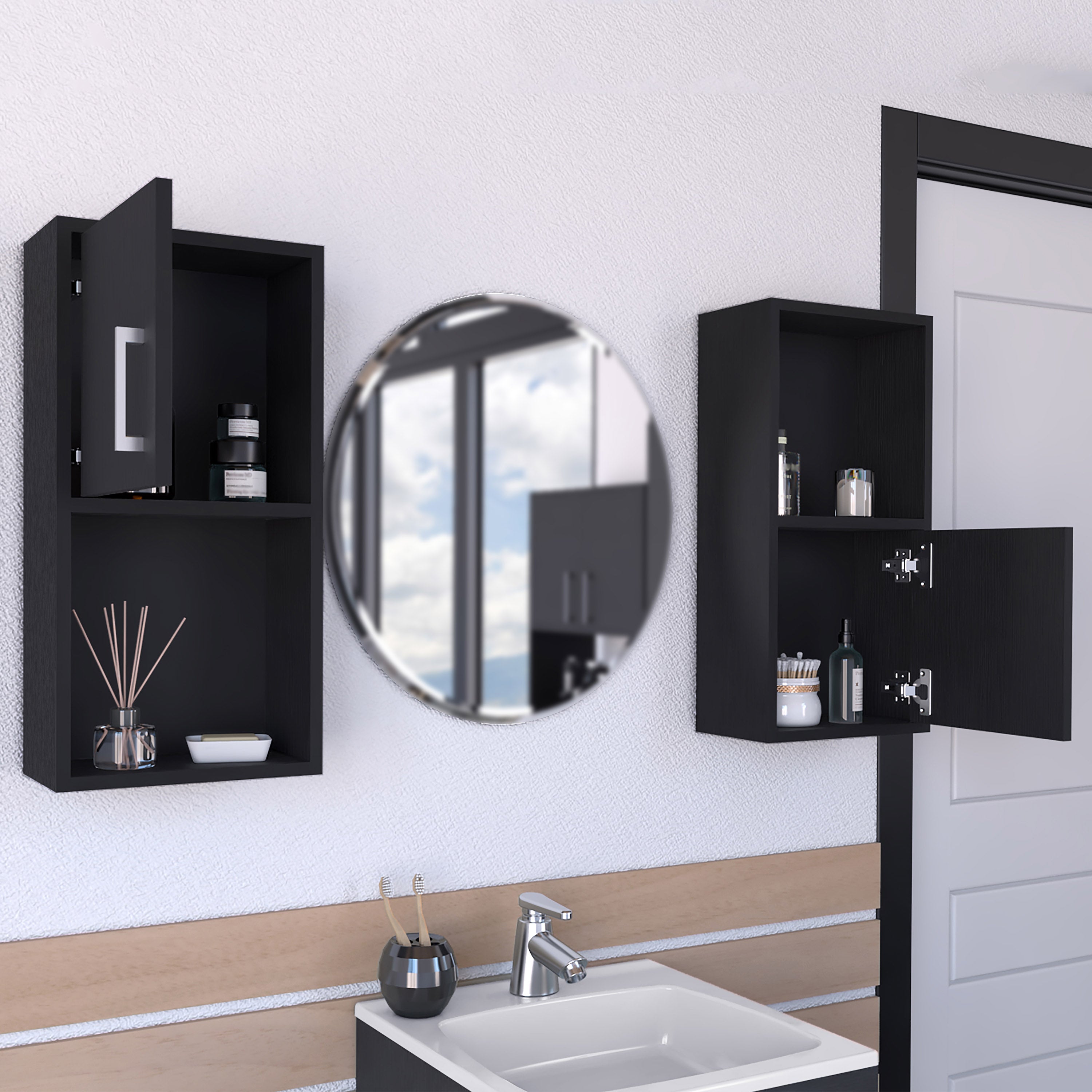 Eak 24" H 2 Pcs Wall Mounted Bathroom Medicine Cabinet, Two Doors, Two Shelves,Black - Luciddepo