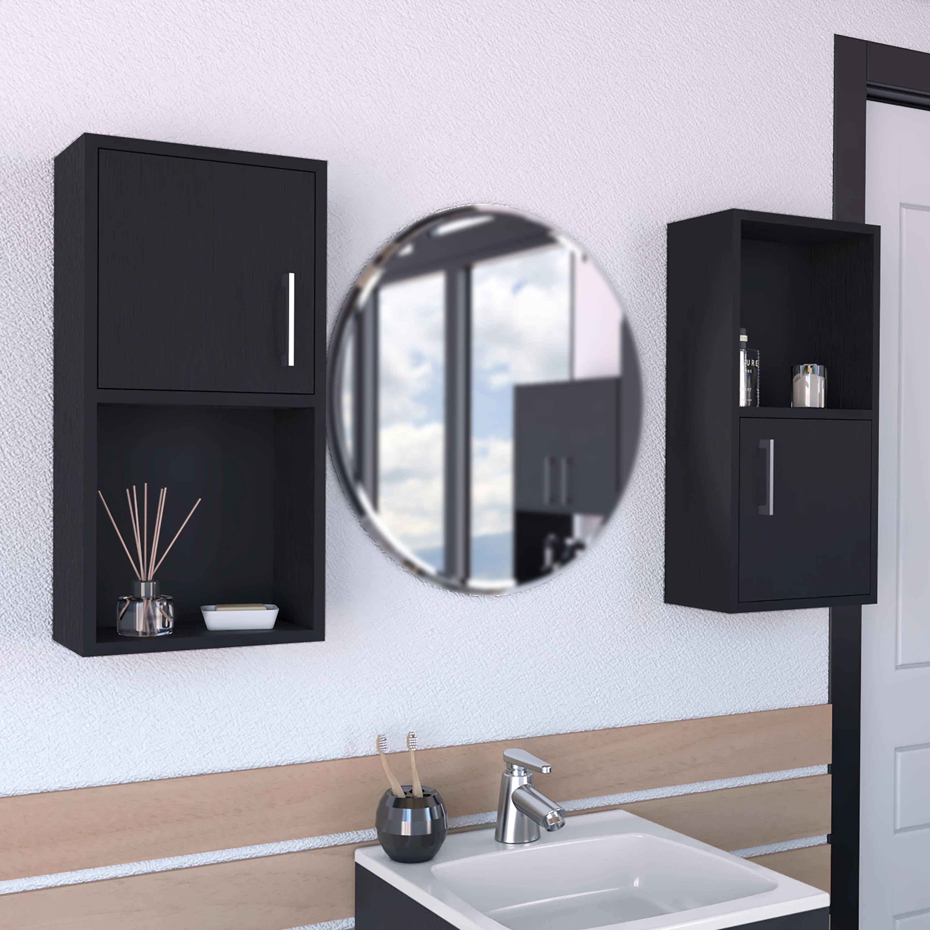 Eak 24" H 2 Pcs Wall Mounted Bathroom Medicine Cabinet, Two Doors, Two Shelves,Black - Luciddepo