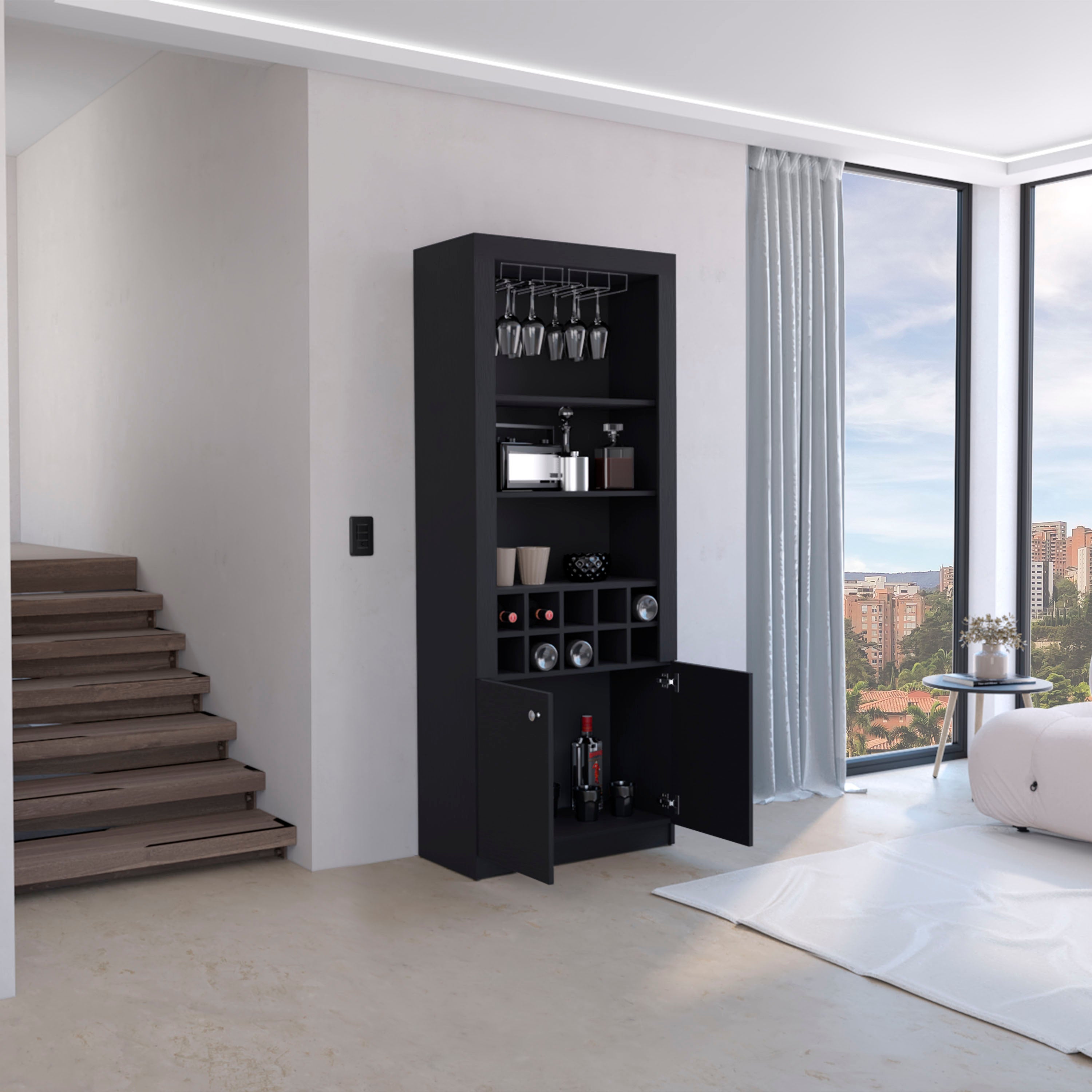 Nero Cabinet 4-Tier, Glass Holder Stemware Rack, Wine Cabinet, Liquor Cabinet, 10 Bottle Cubbies, 4 Shelves, Black - Luciddepo