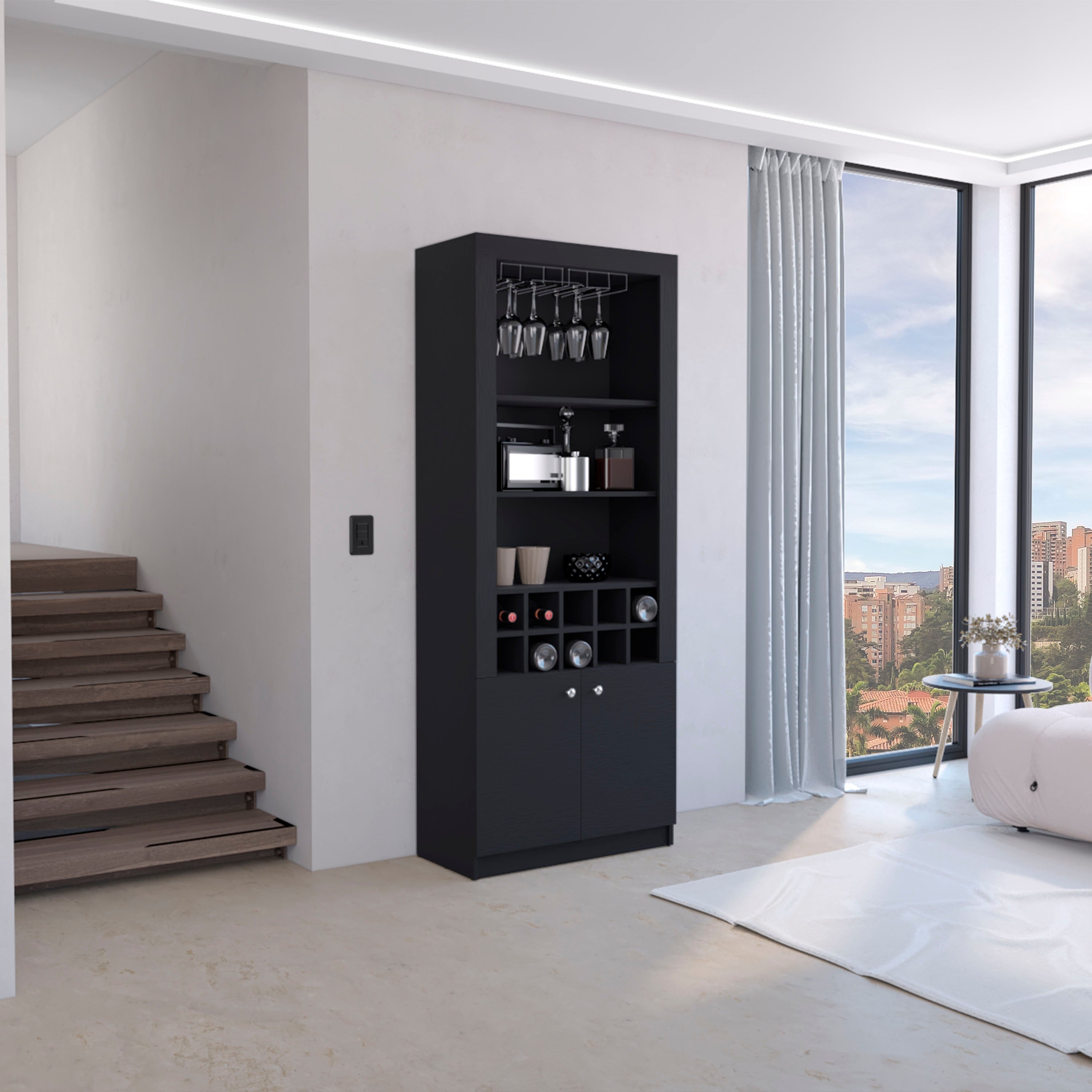 Nero Cabinet 4-Tier, Glass Holder Stemware Rack, Wine Cabinet, Liquor Cabinet, 10 Bottle Cubbies, 4 Shelves, Black - Luciddepo