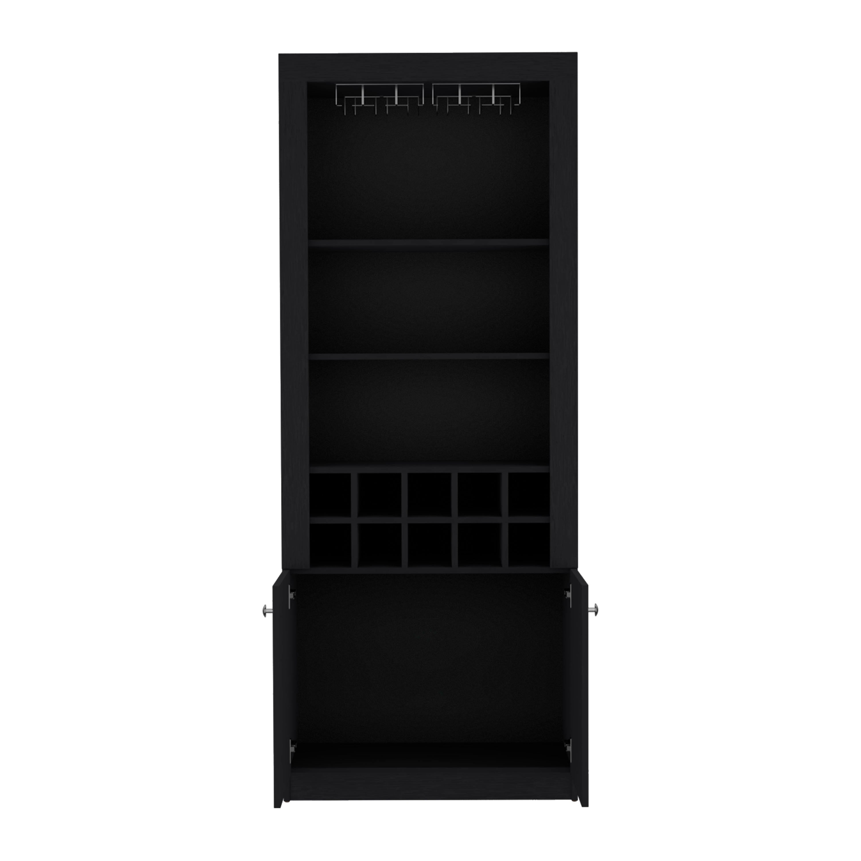 Nero Cabinet 4-Tier, Glass Holder Stemware Rack, Wine Cabinet, Liquor Cabinet, 10 Bottle Cubbies, 4 Shelves, Black - Luciddepo