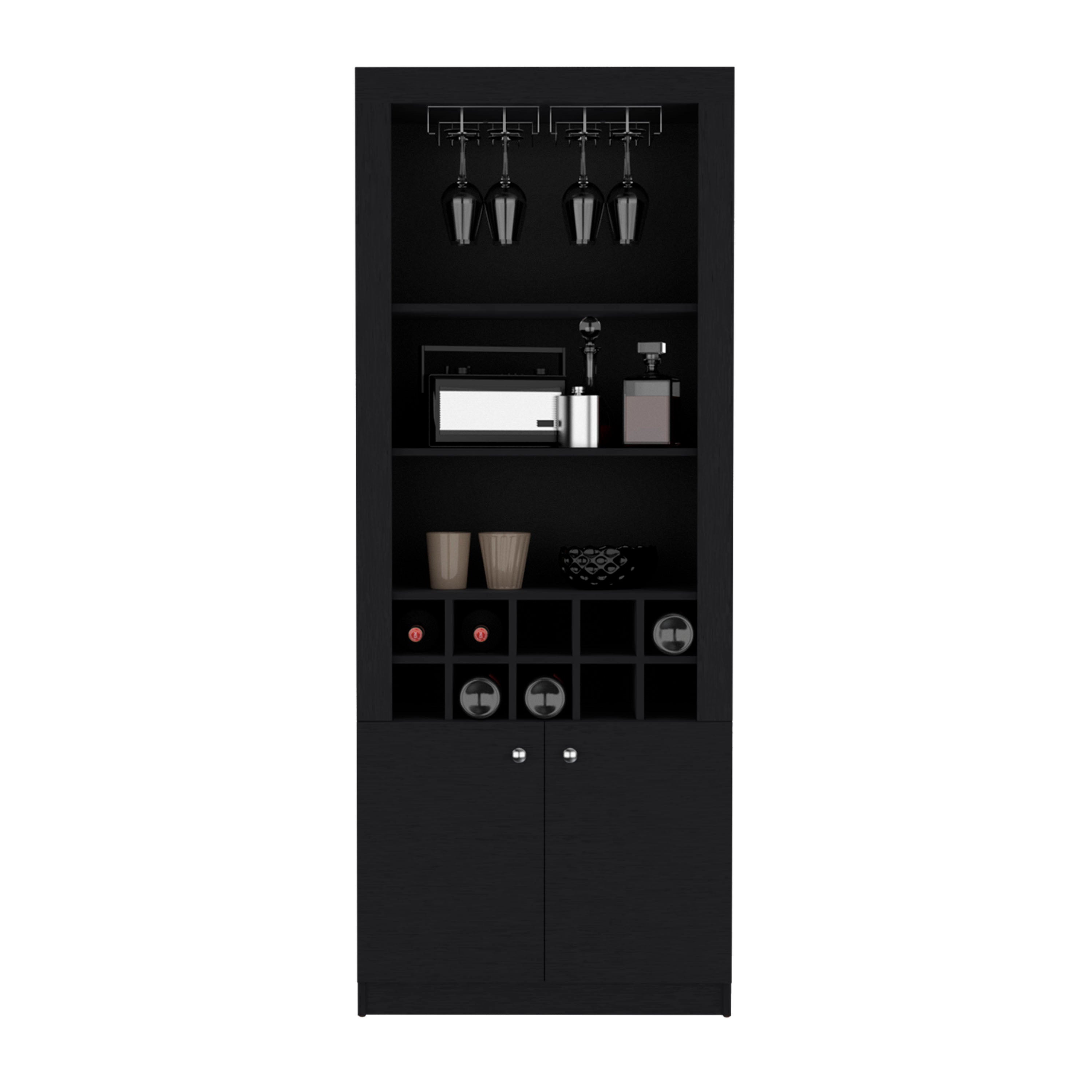 Nero Cabinet 4-Tier, Glass Holder Stemware Rack, Wine Cabinet, Liquor Cabinet, 10 Bottle Cubbies, 4 Shelves, Black - Luciddepo