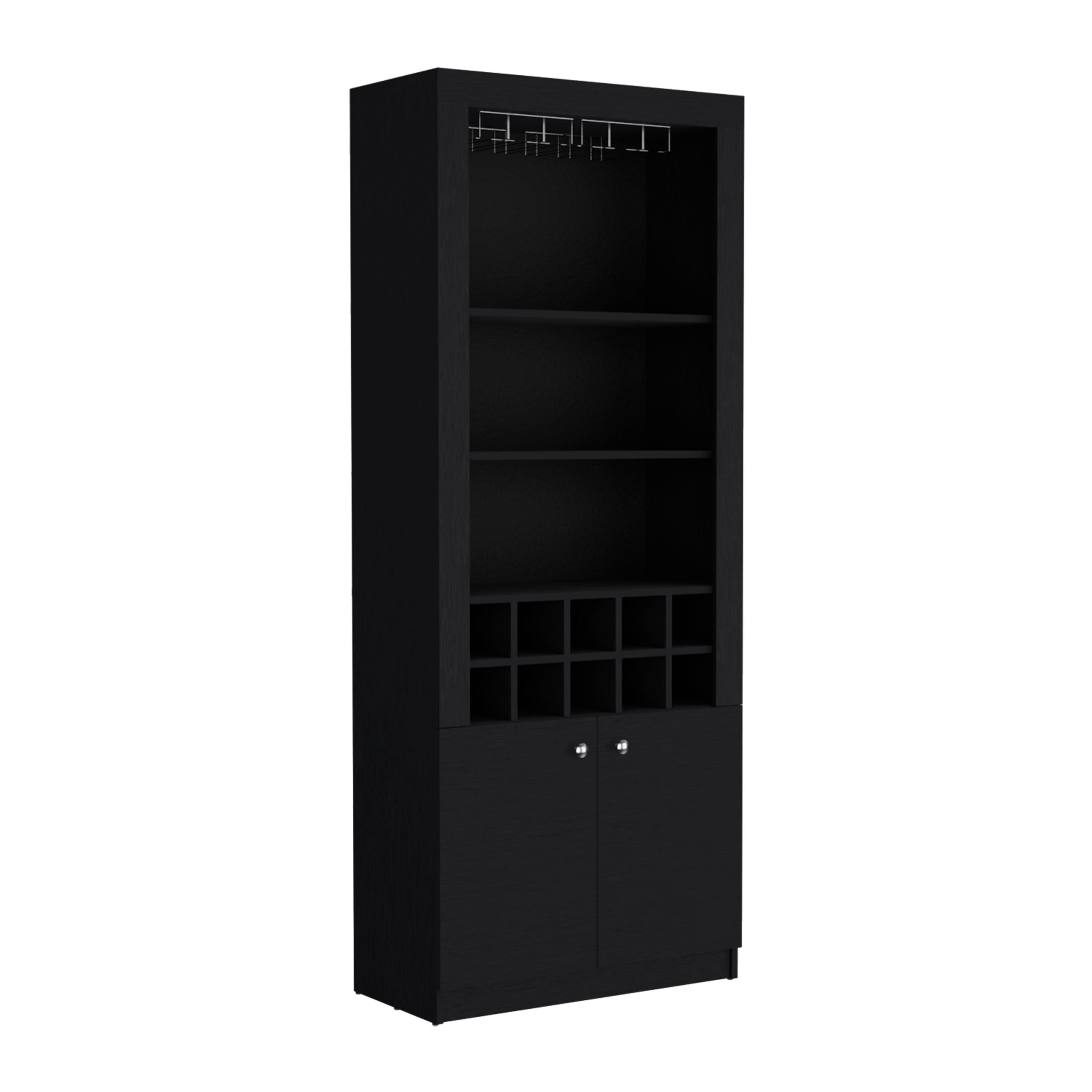Nero Cabinet 4-Tier, Glass Holder Stemware Rack, Wine Cabinet, Liquor Cabinet, 10 Bottle Cubbies, 4 Shelves, Black - Luciddepo