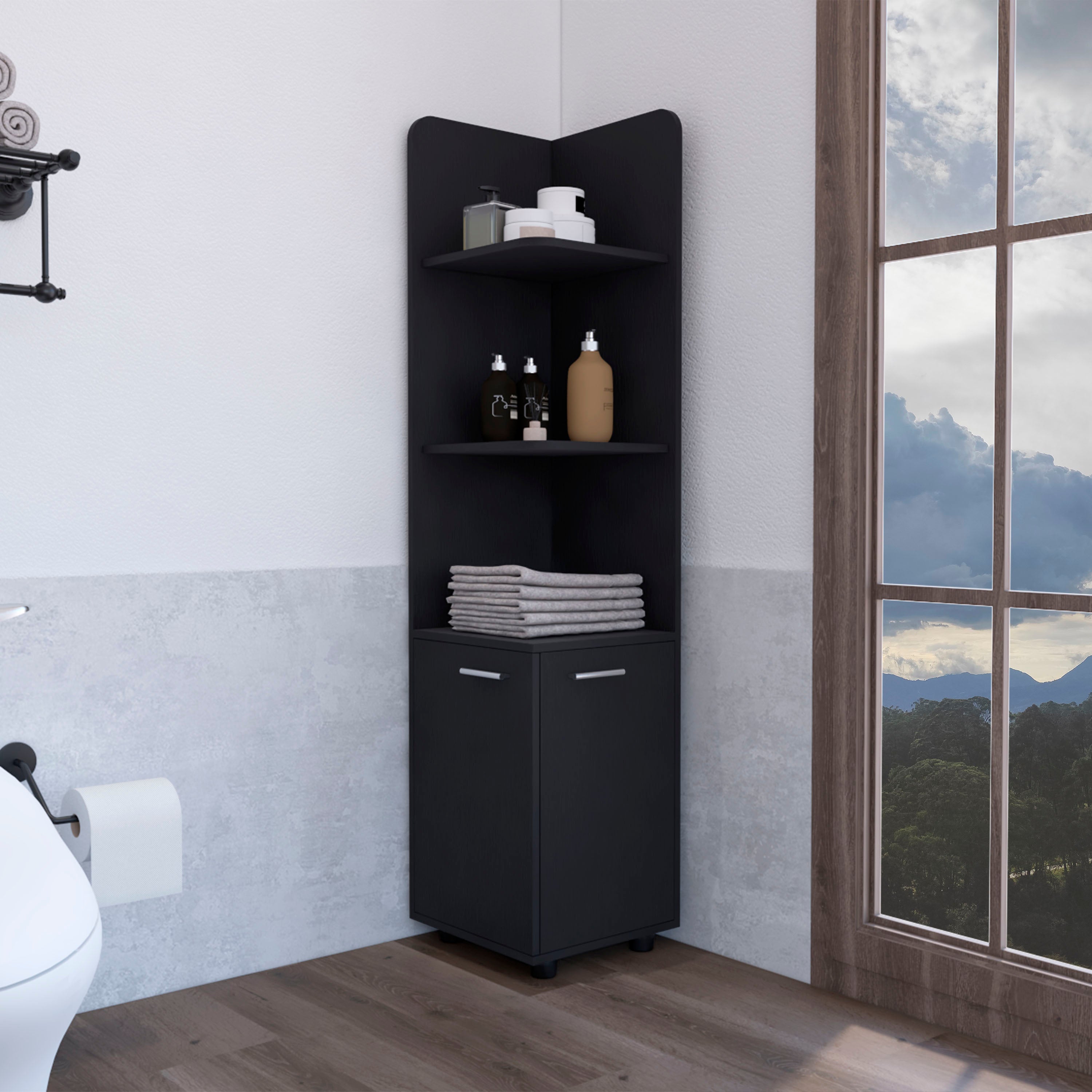 Vestal Tall Corner Cabinet with 3-Tier Shelf and 2-Door, Black - Luciddepo