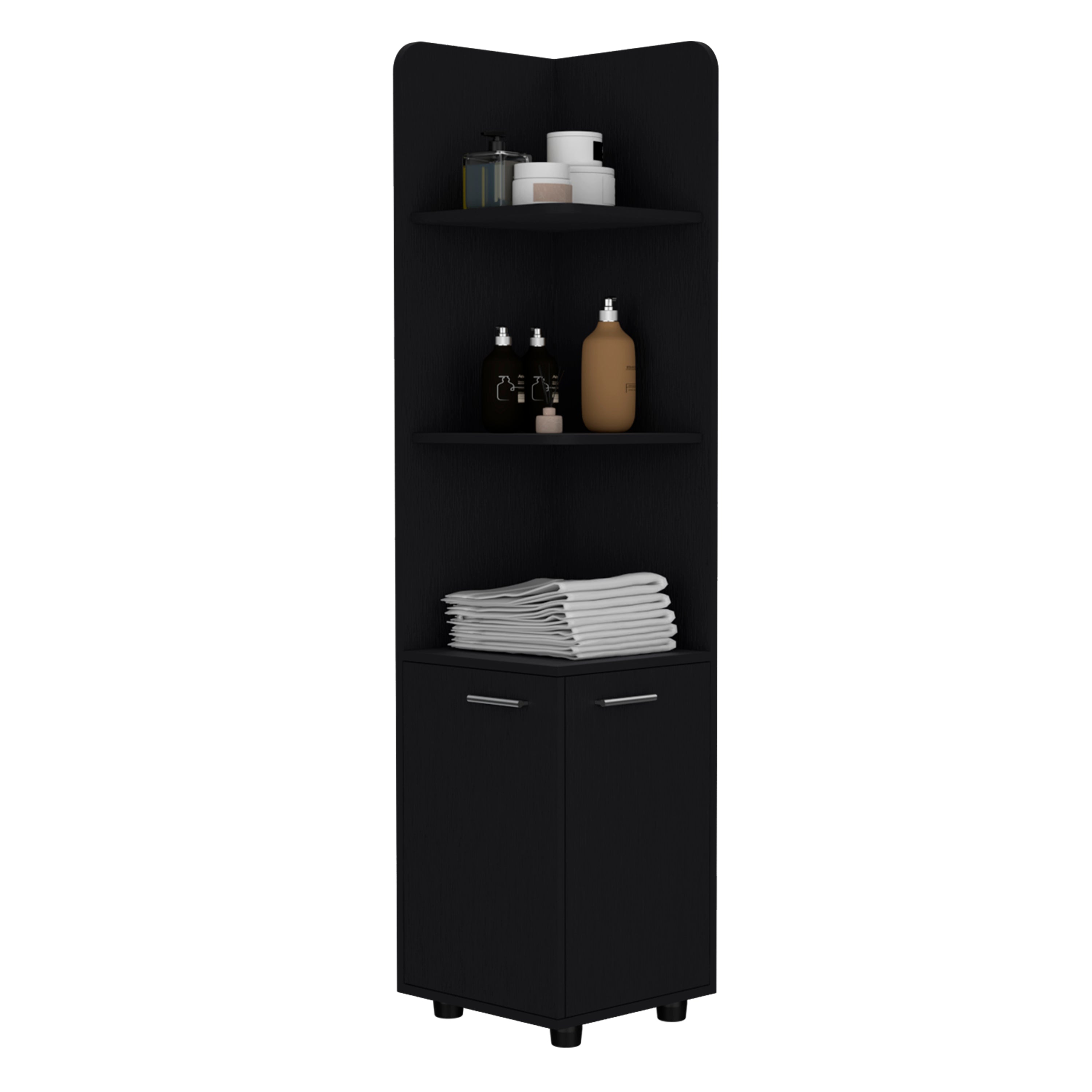 Vestal Tall Corner Cabinet with 3-Tier Shelf and 2-Door, Black - Luciddepo