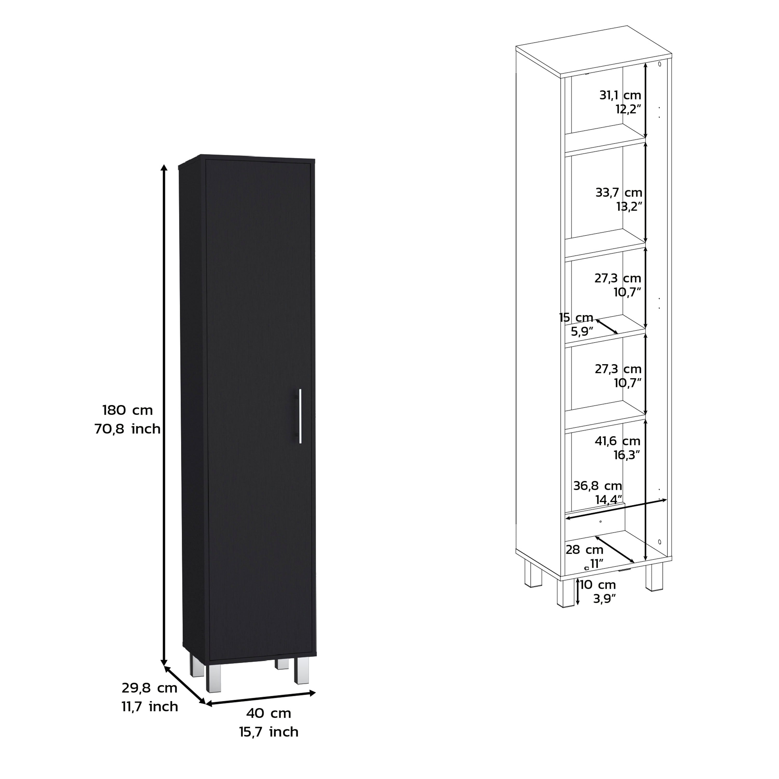 Dryden Tall Narrow Storage Cabinet with 5-Tier Shelf and Broom Hangers, Black - Luciddepo