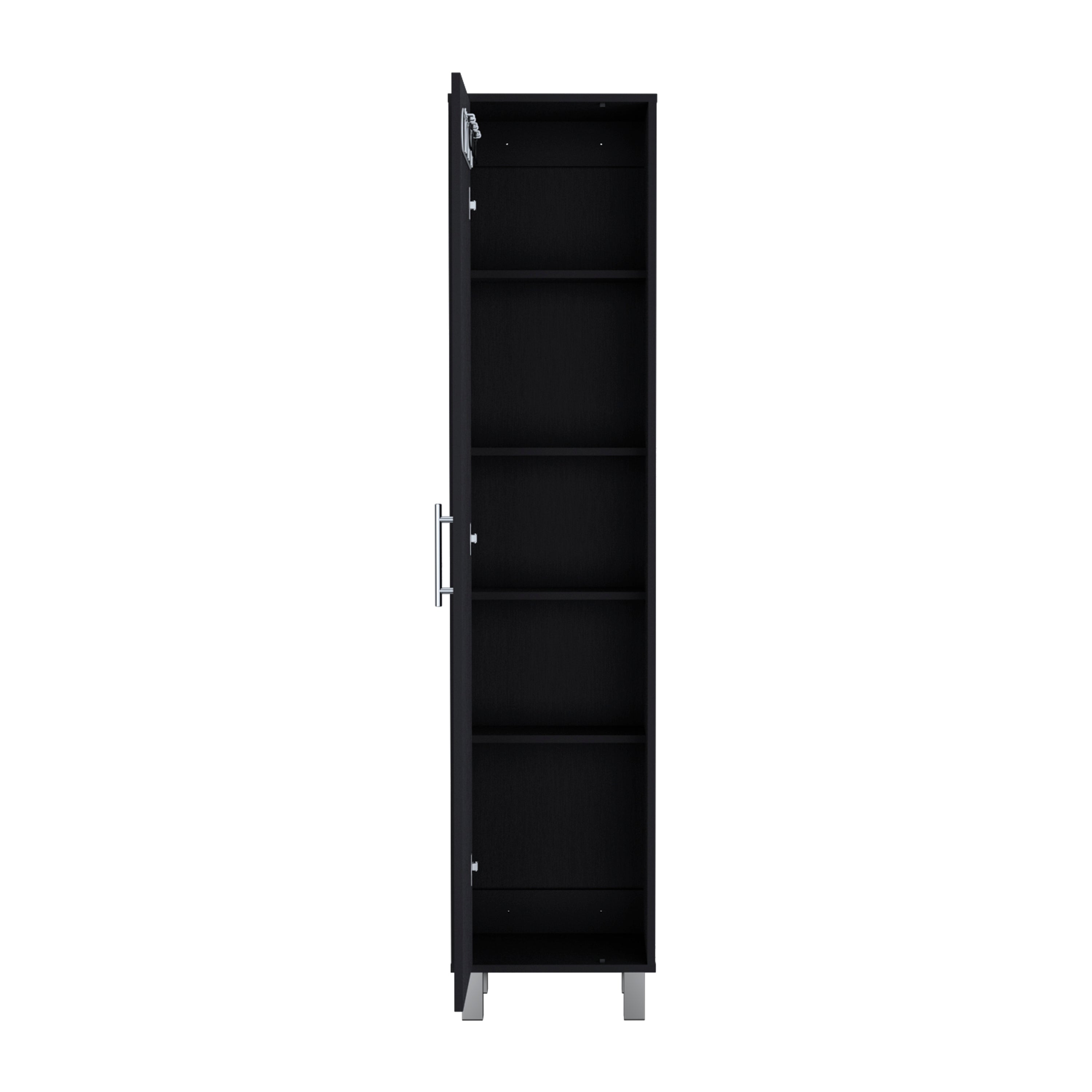 Dryden Tall Narrow Storage Cabinet with 5-Tier Shelf and Broom Hangers, Black - Luciddepo