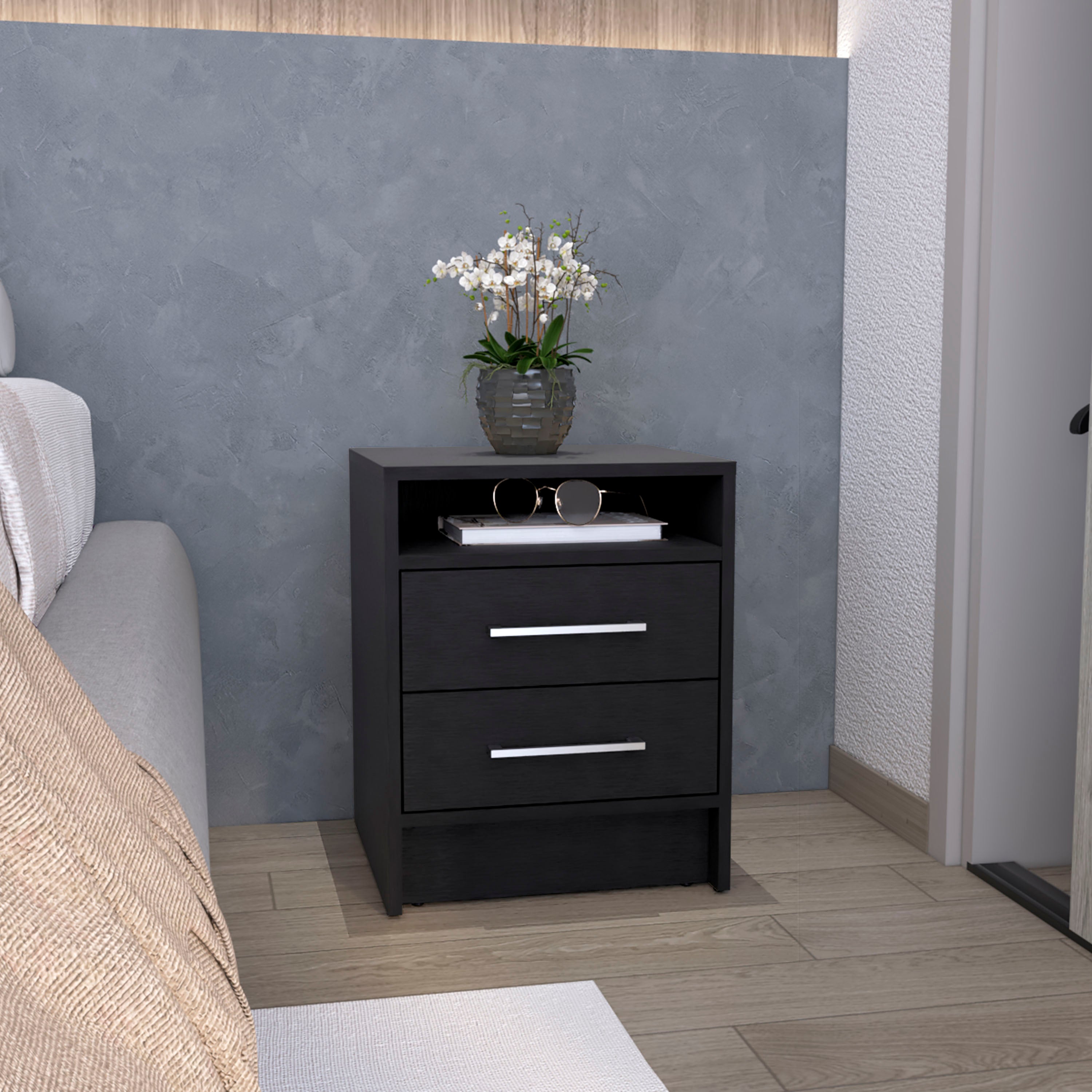 Kelso Nightstand with 2 Drawers and 1 Shelf, Black - Luciddepo