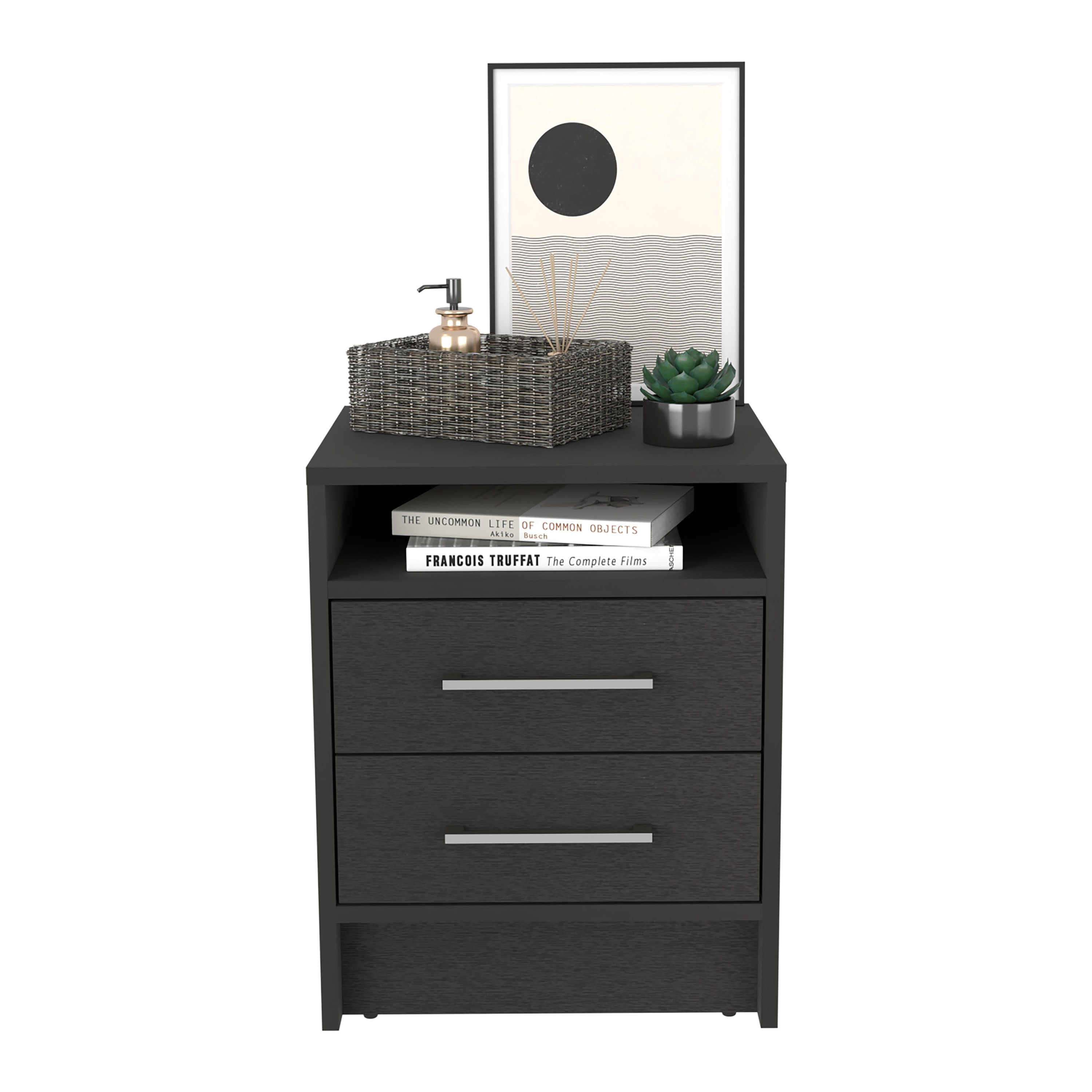Kelso Nightstand with 2 Drawers and 1 Shelf, Black - Luciddepo