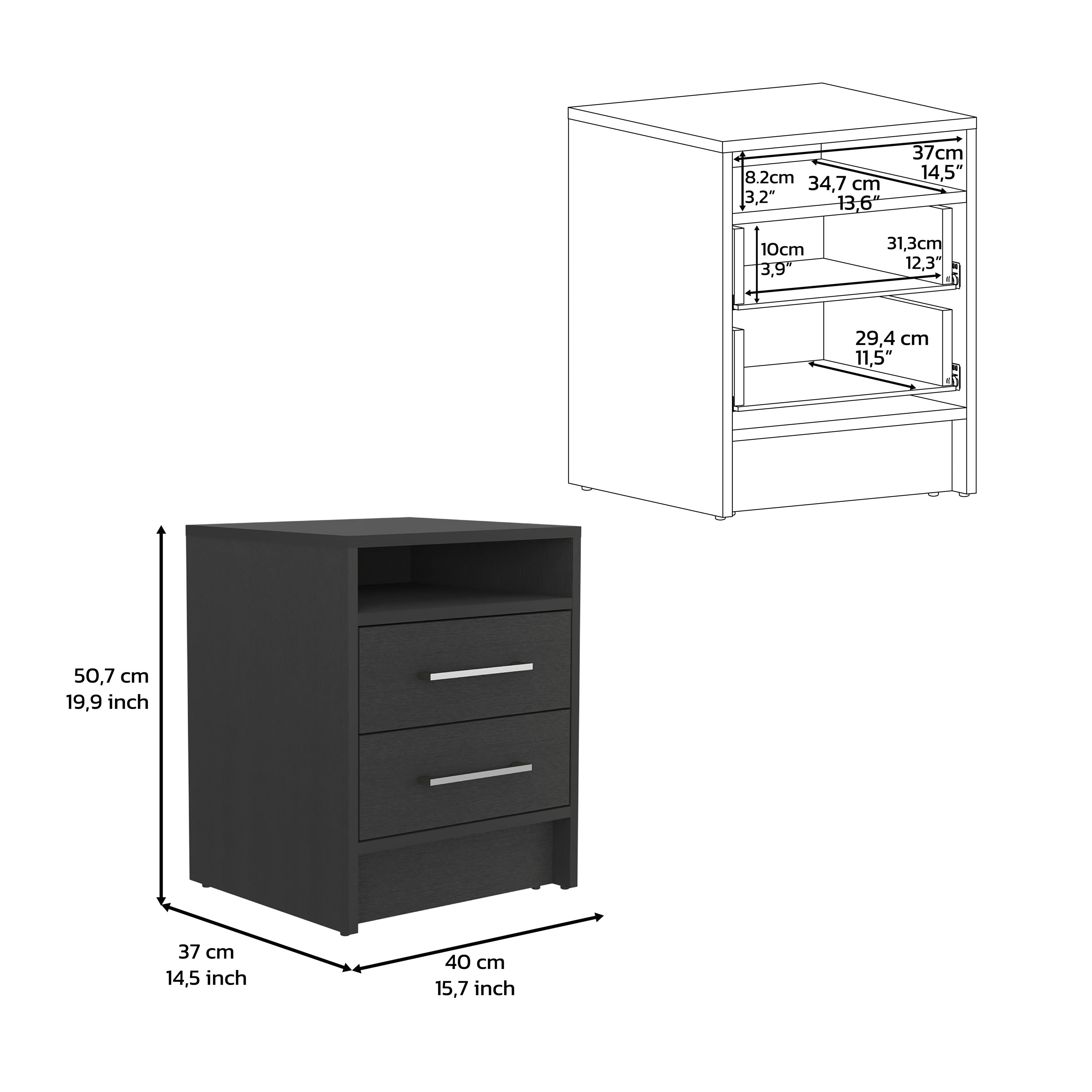 Kelso Nightstand with 2 Drawers and 1 Shelf, Black - Luciddepo