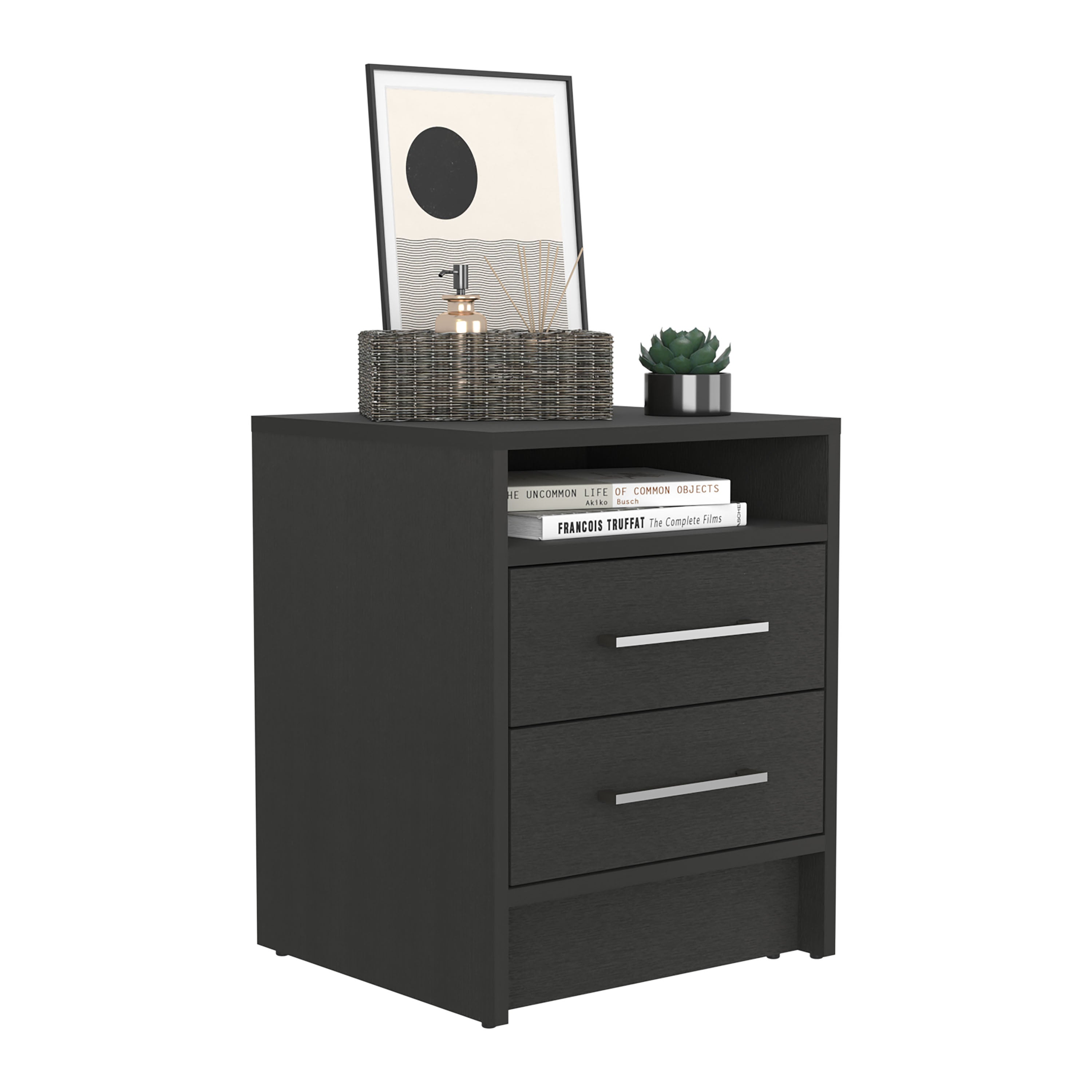 Kelso Nightstand with 2 Drawers and 1 Shelf, Black - Luciddepo
