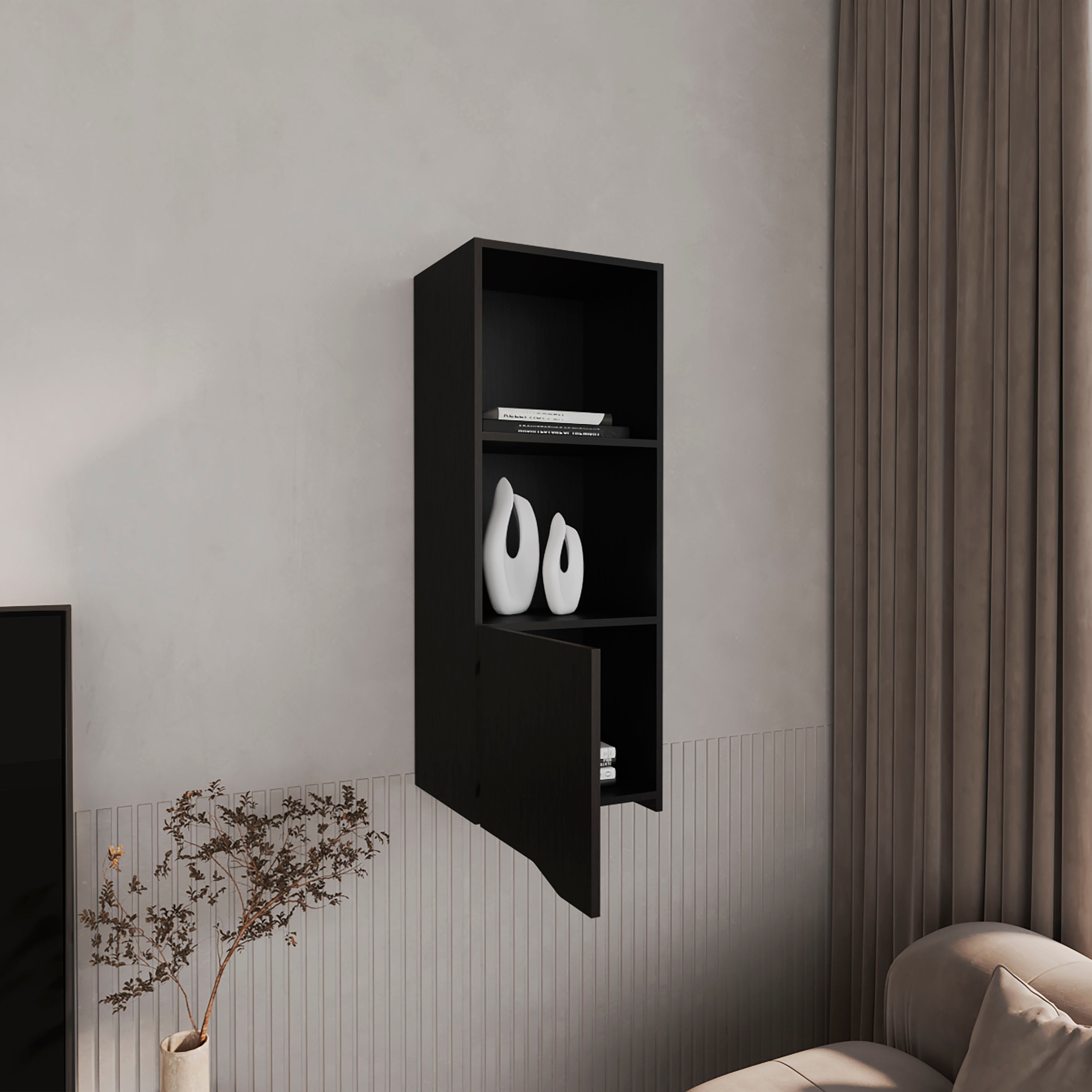 Salem Wall Cabinet with 1 Door and 3 Shelves, Black - Luciddepo