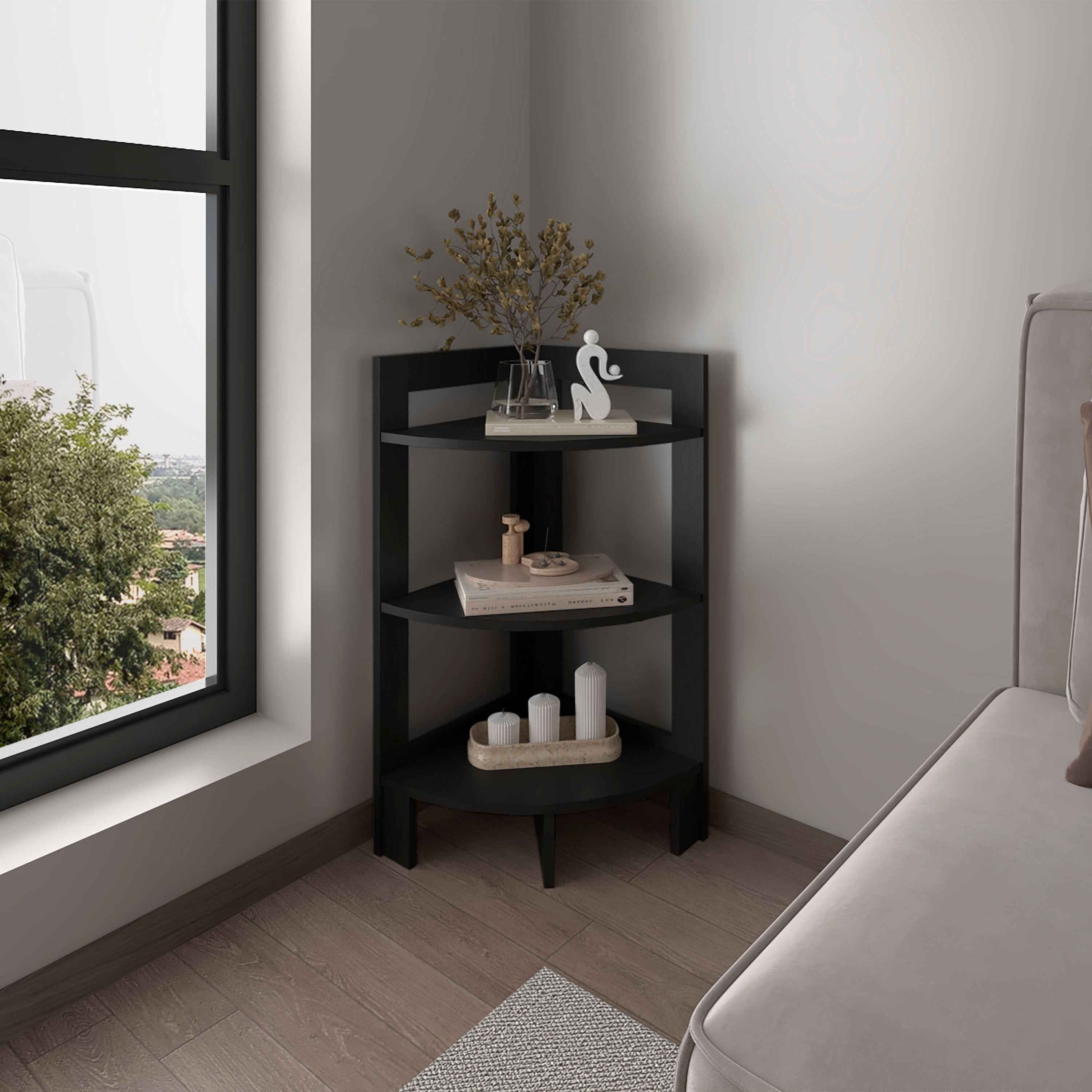 Akutan Side Table with 3 Shelves, 3 Legs, Black Wengue