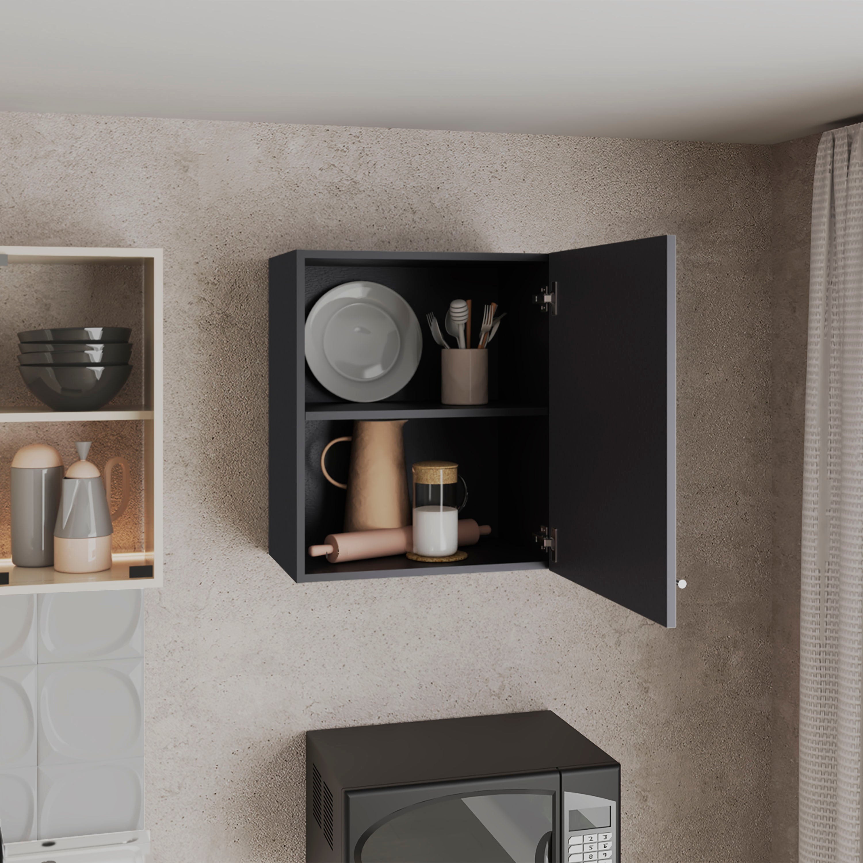 Sterling Wall Cabinet with 1 Door and 2 Shelves, Black - Luciddepo