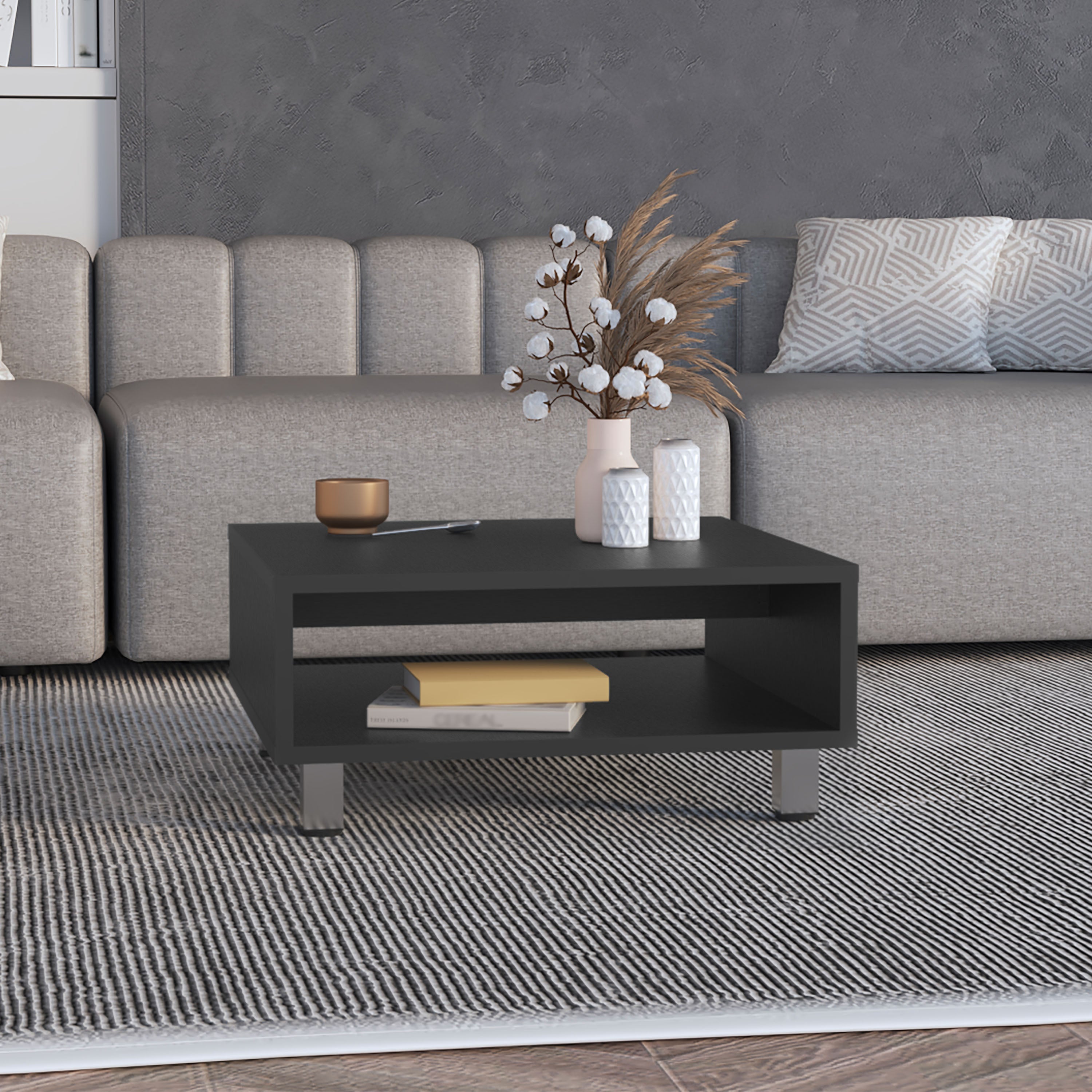 Chiniak Coffee Table, 1 shelf, 4 legs, Black - Luciddepo
