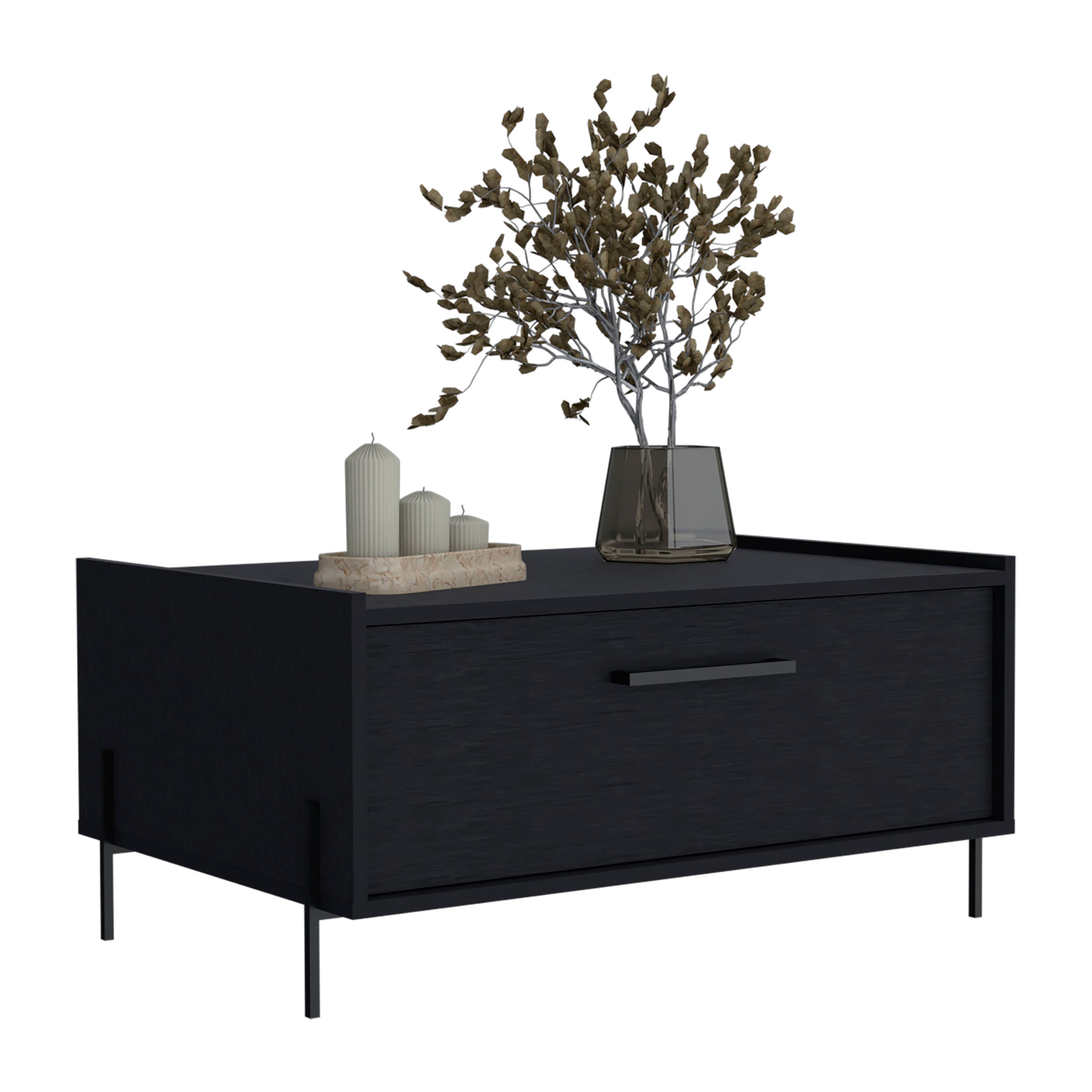 Juneau Coffee Table, 1 shelf, 4 legs, Black - Luciddepo