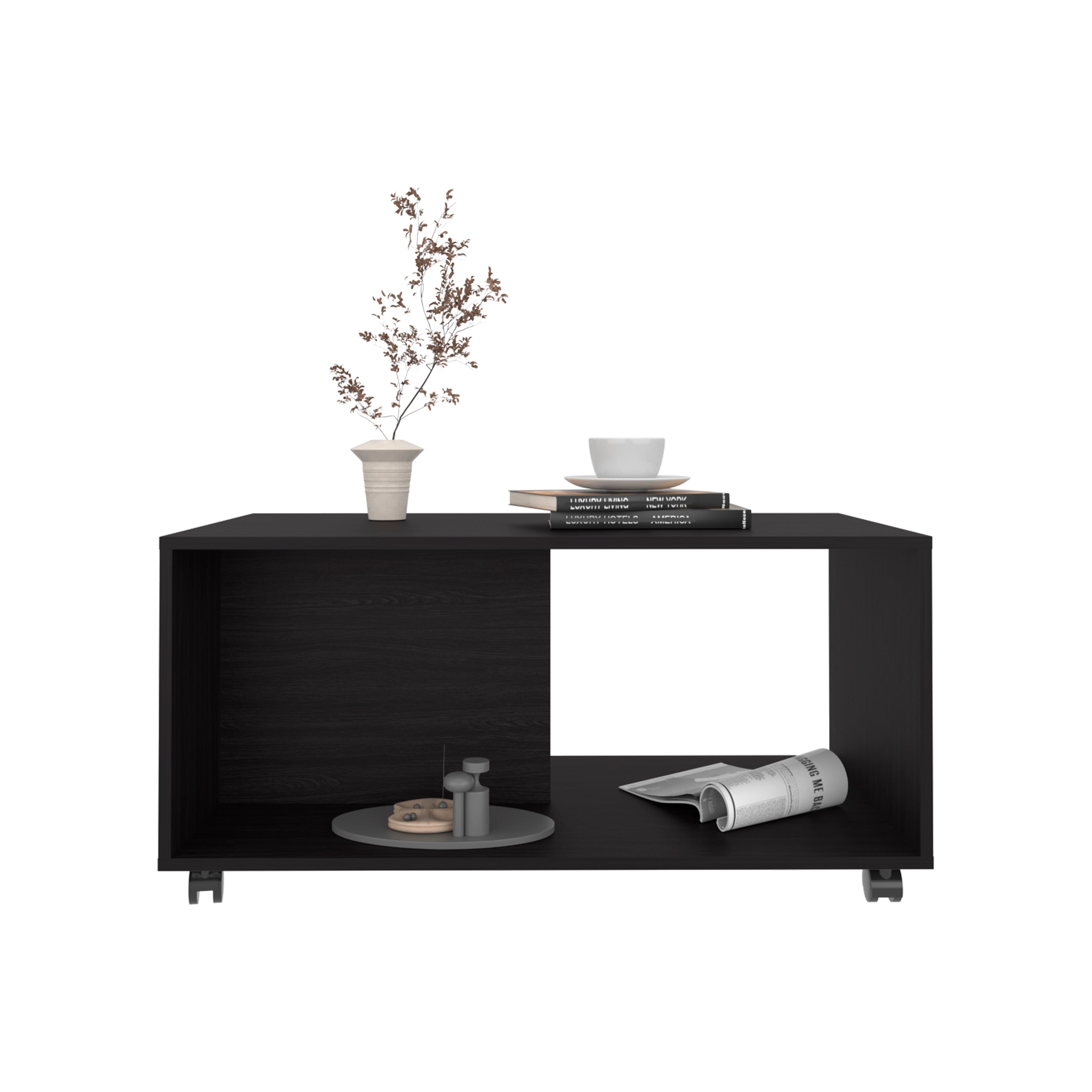 Denton Coffee Table, 4 Wheels, 1 Shelf, Black - Luciddepo
