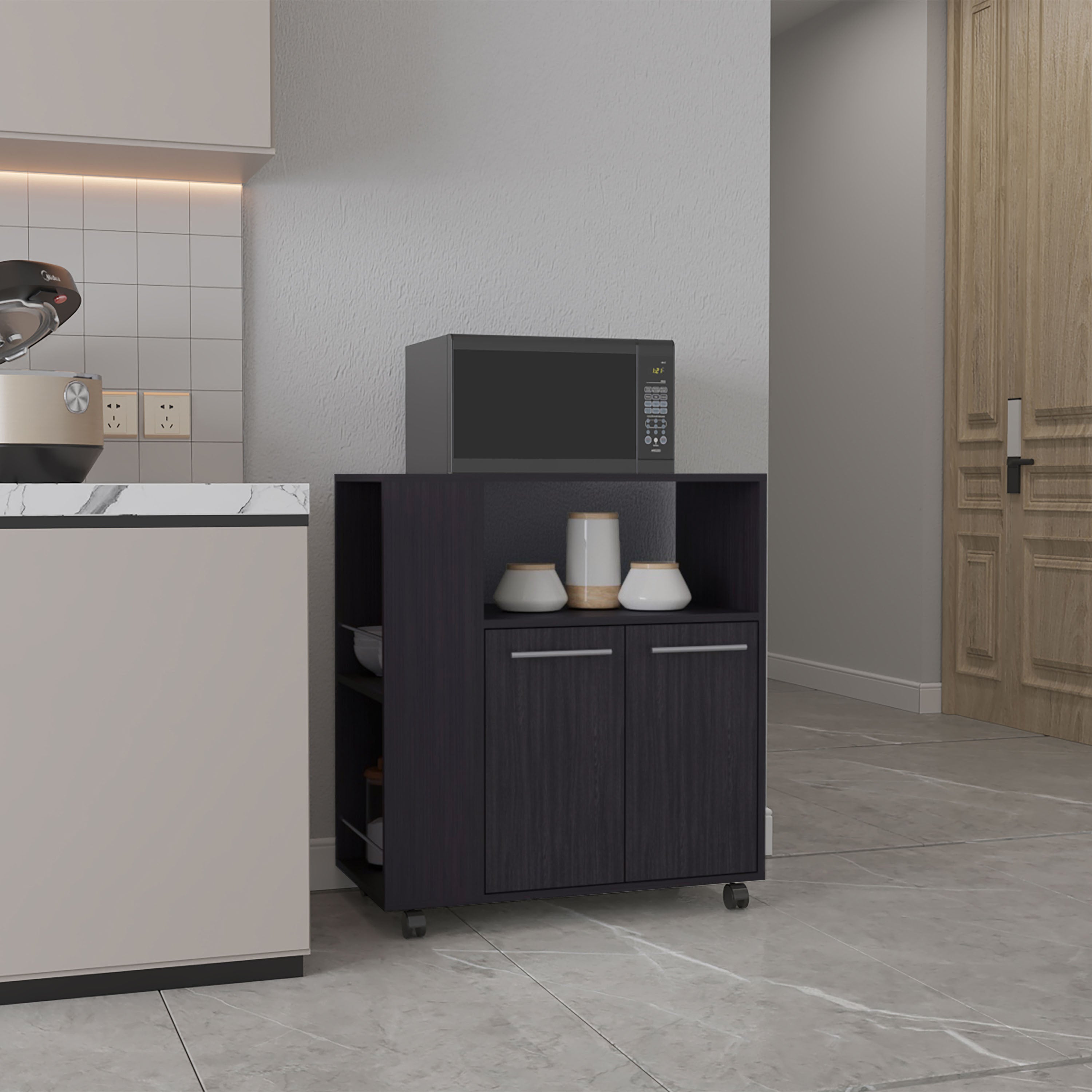 Bremerton Kitchen Cart, 2 Doors, 3 Shelves, 4 Wheels, Black Wengue - Luciddepo