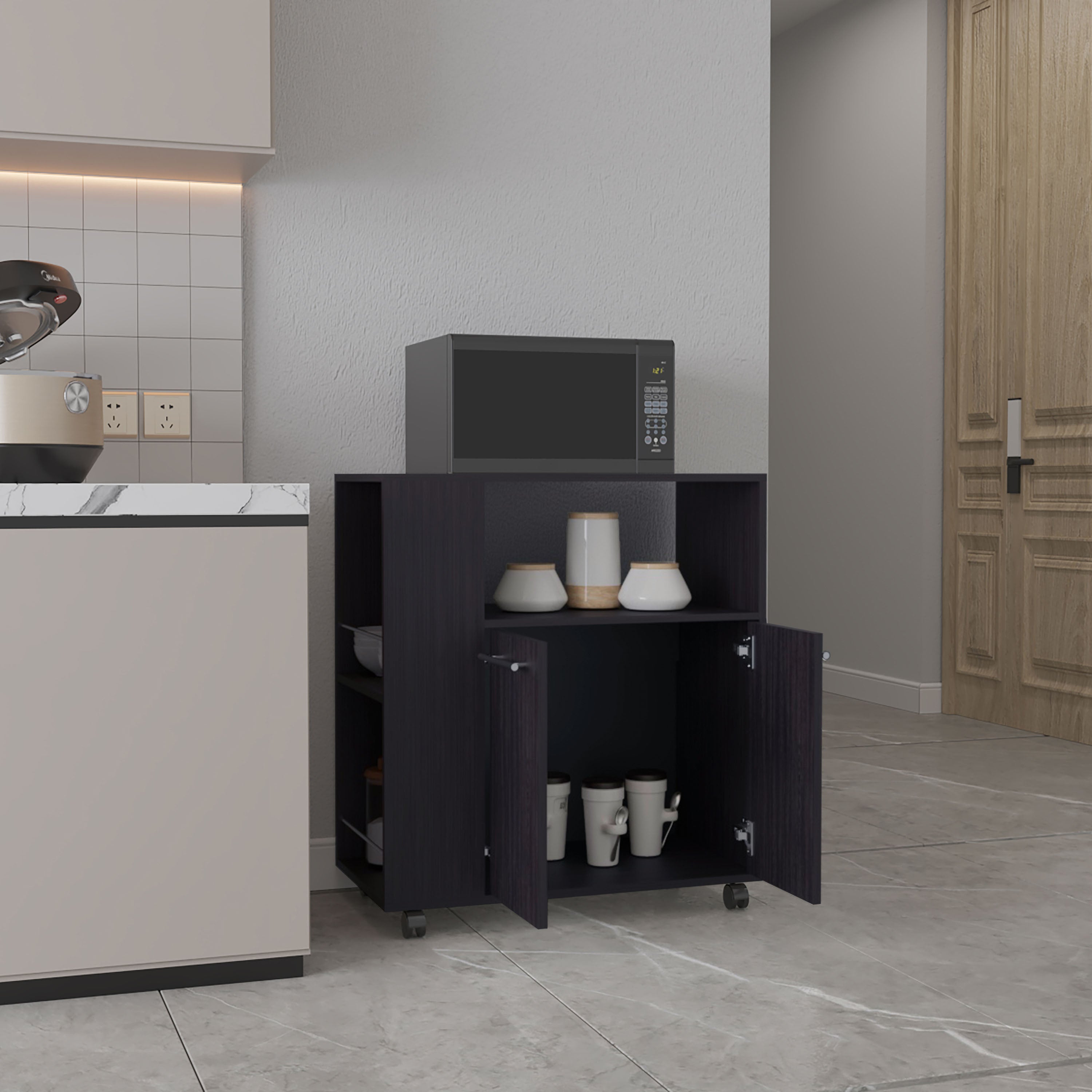 Bremerton Kitchen Cart, 2 Doors, 3 Shelves, 4 Wheels, Black Wengue - Luciddepo