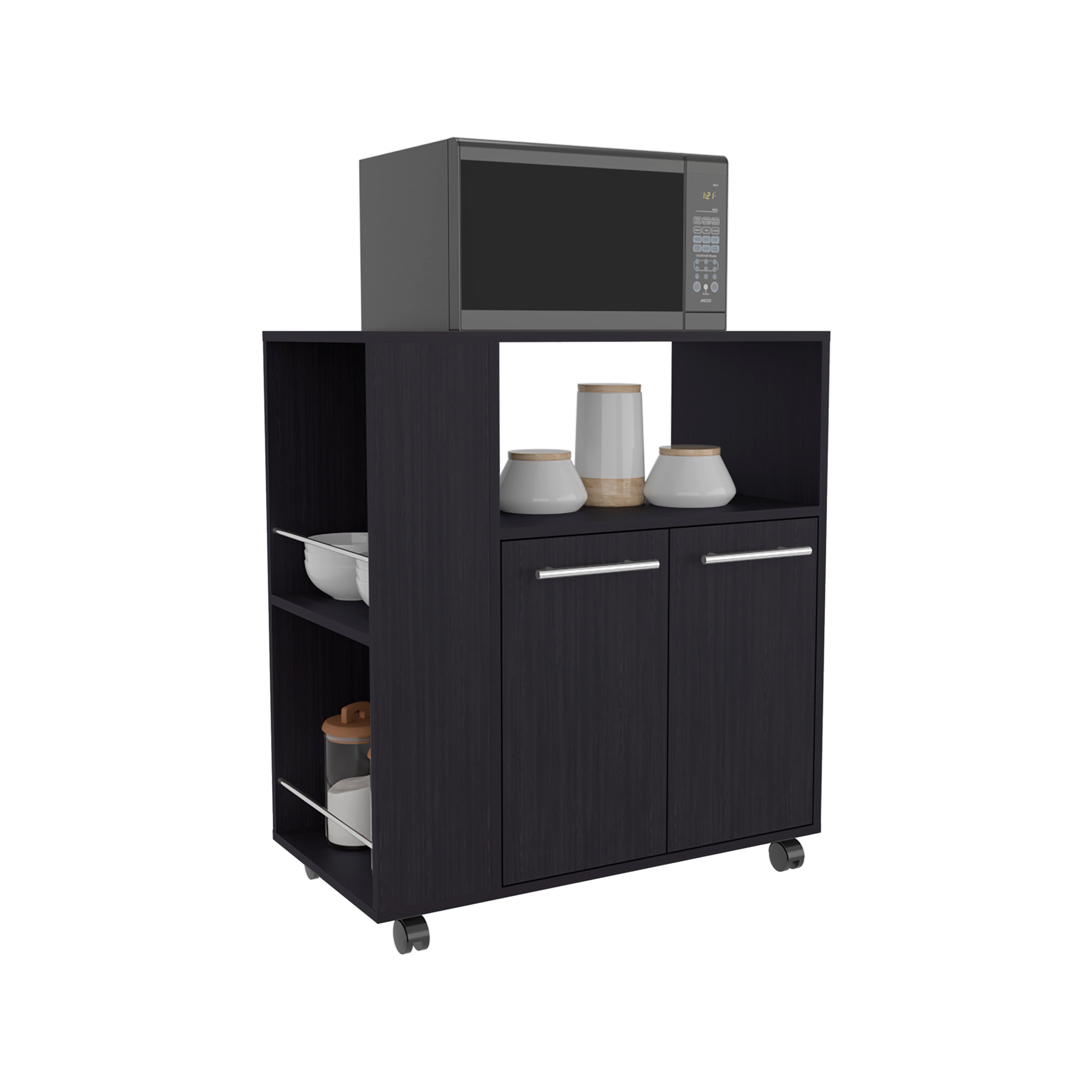 Bremerton Kitchen Cart, 2 Doors, 3 Shelves, 4 Wheels, Black Wengue - Luciddepo