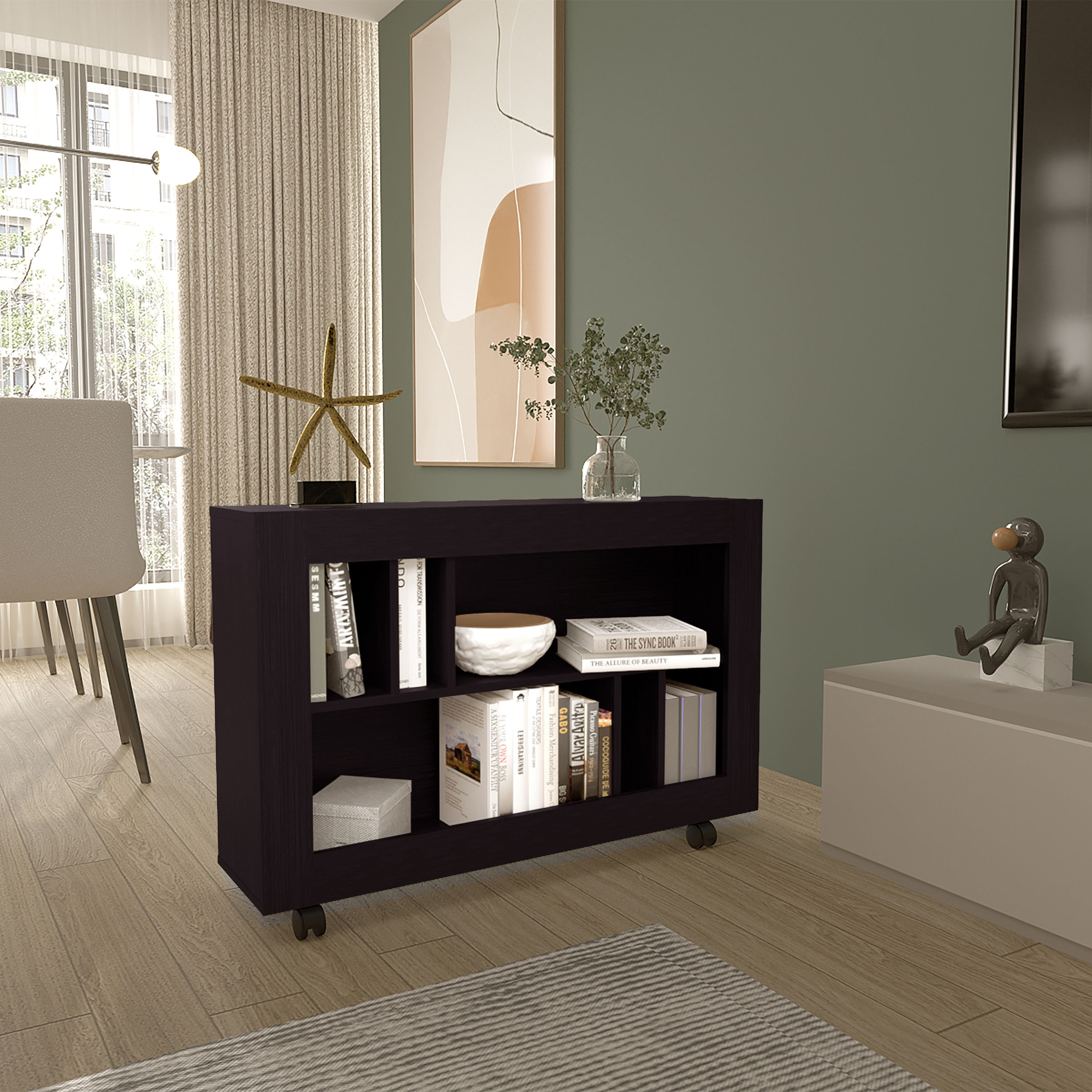 Lacey Console Table Cart, 5 Shelves, 4 Casters, Black Wengue - Luciddepo