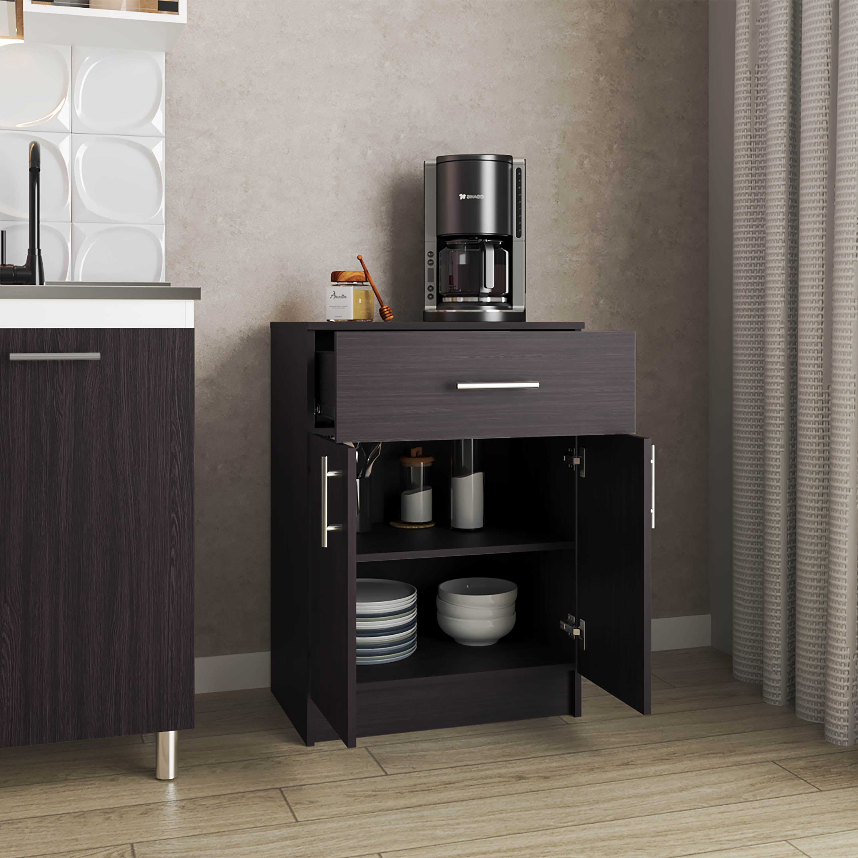 Barbados Pantry Organizer Cabinet with One Drawer, Two Interior Shelves, and Two Doors, Black Wengue - Luciddepo