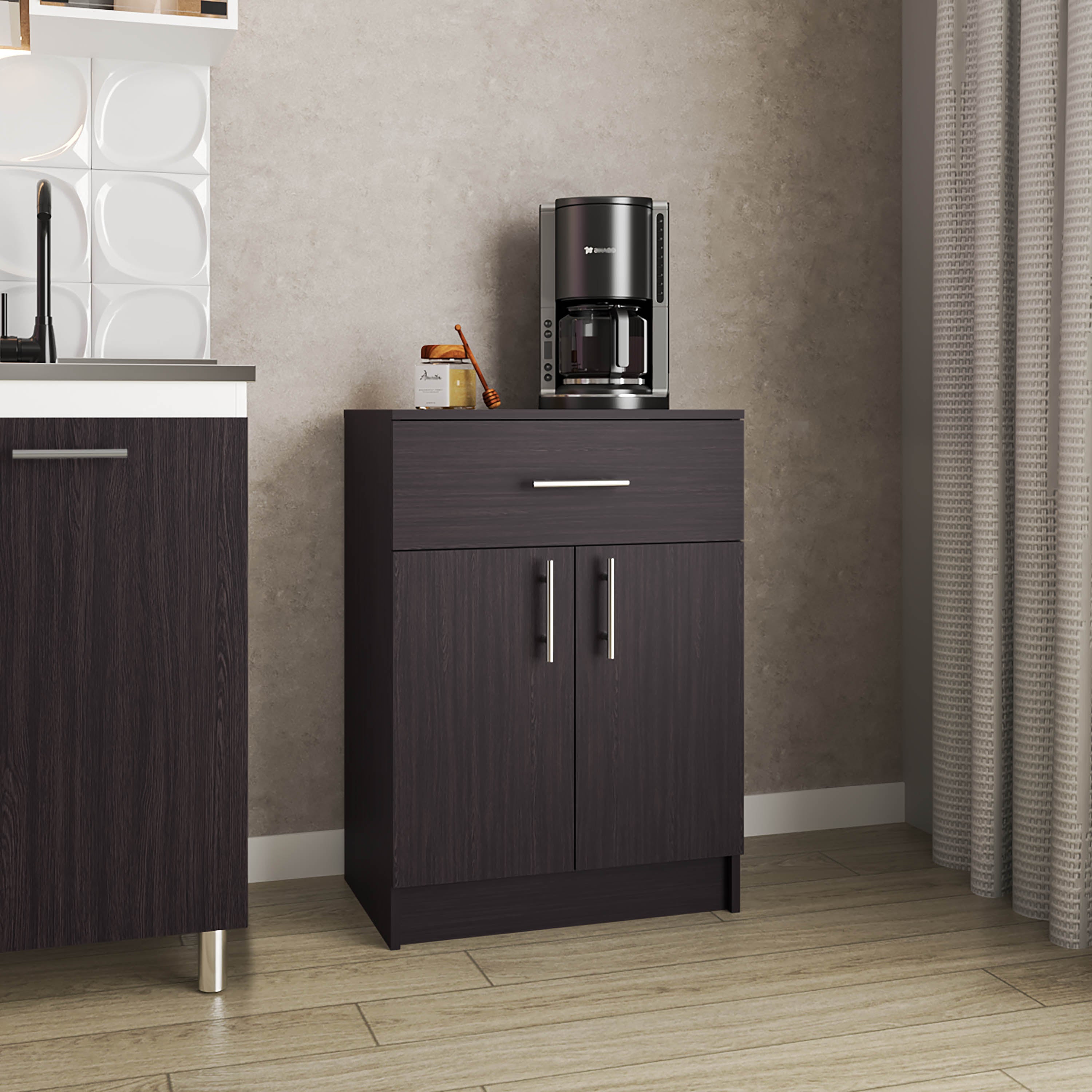 Barbados Pantry Organizer Cabinet with One Drawer, Two Interior Shelves, and Two Doors, Black Wengue - Luciddepo