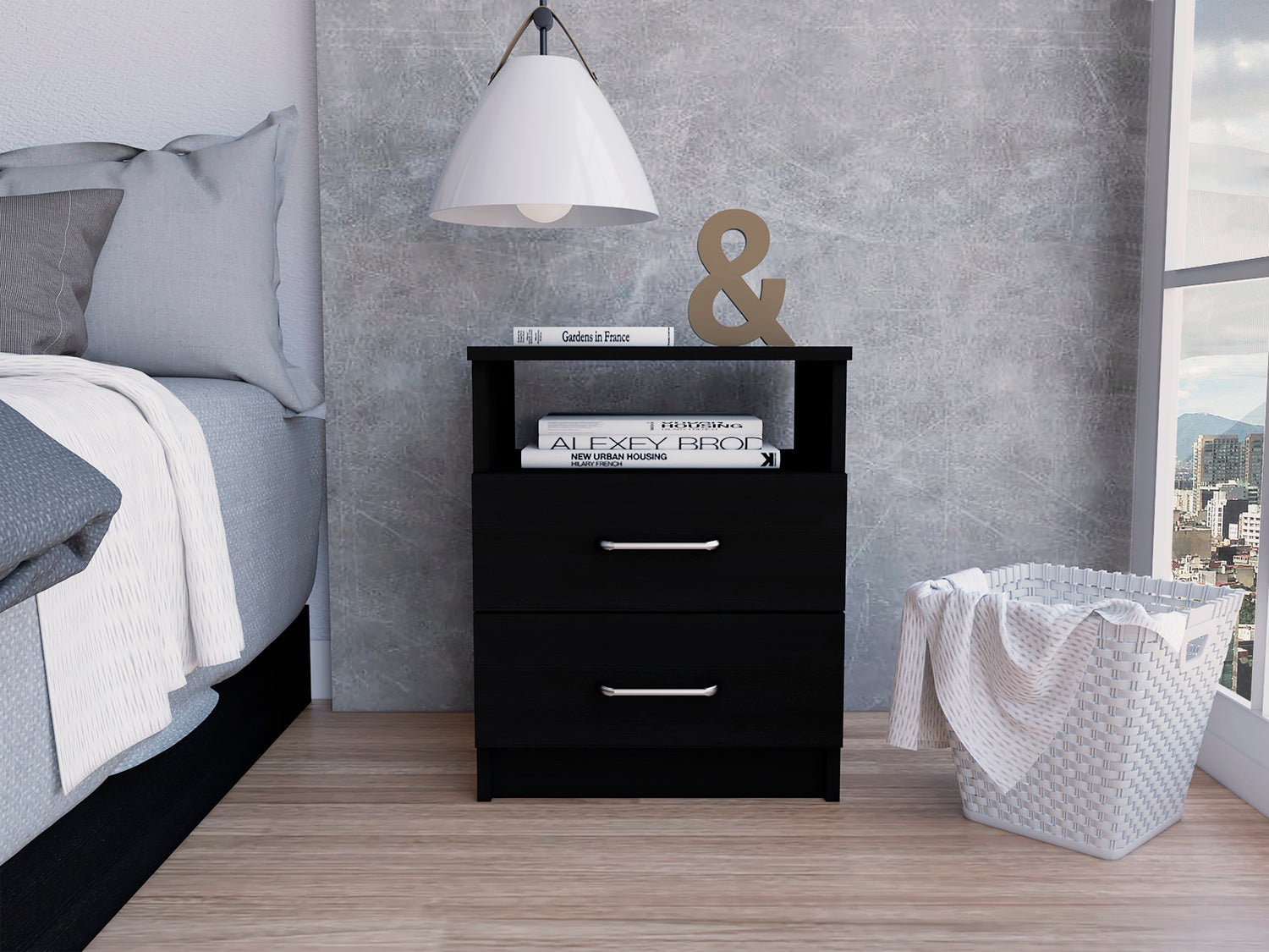Salento Nightstand, Two Drawers, One Shelf, Superior Top, Black - Luciddepo