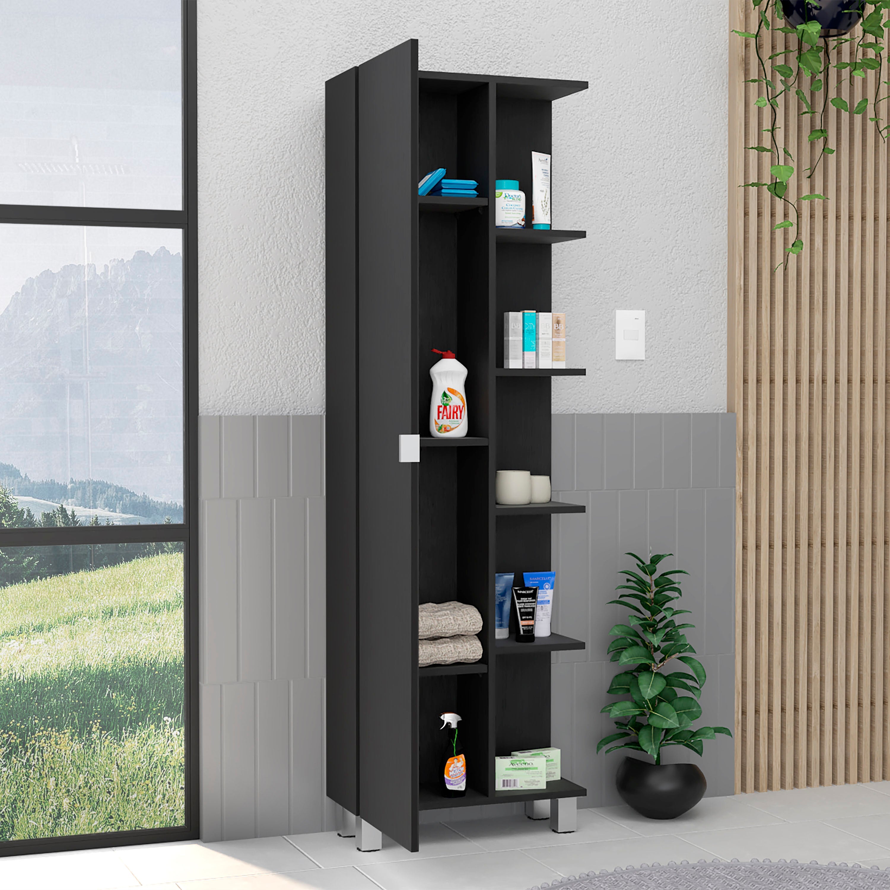 Venus Linen Single Door Cabinet, Five External Shelves, Four Interior Shelves, Black - Luciddepo